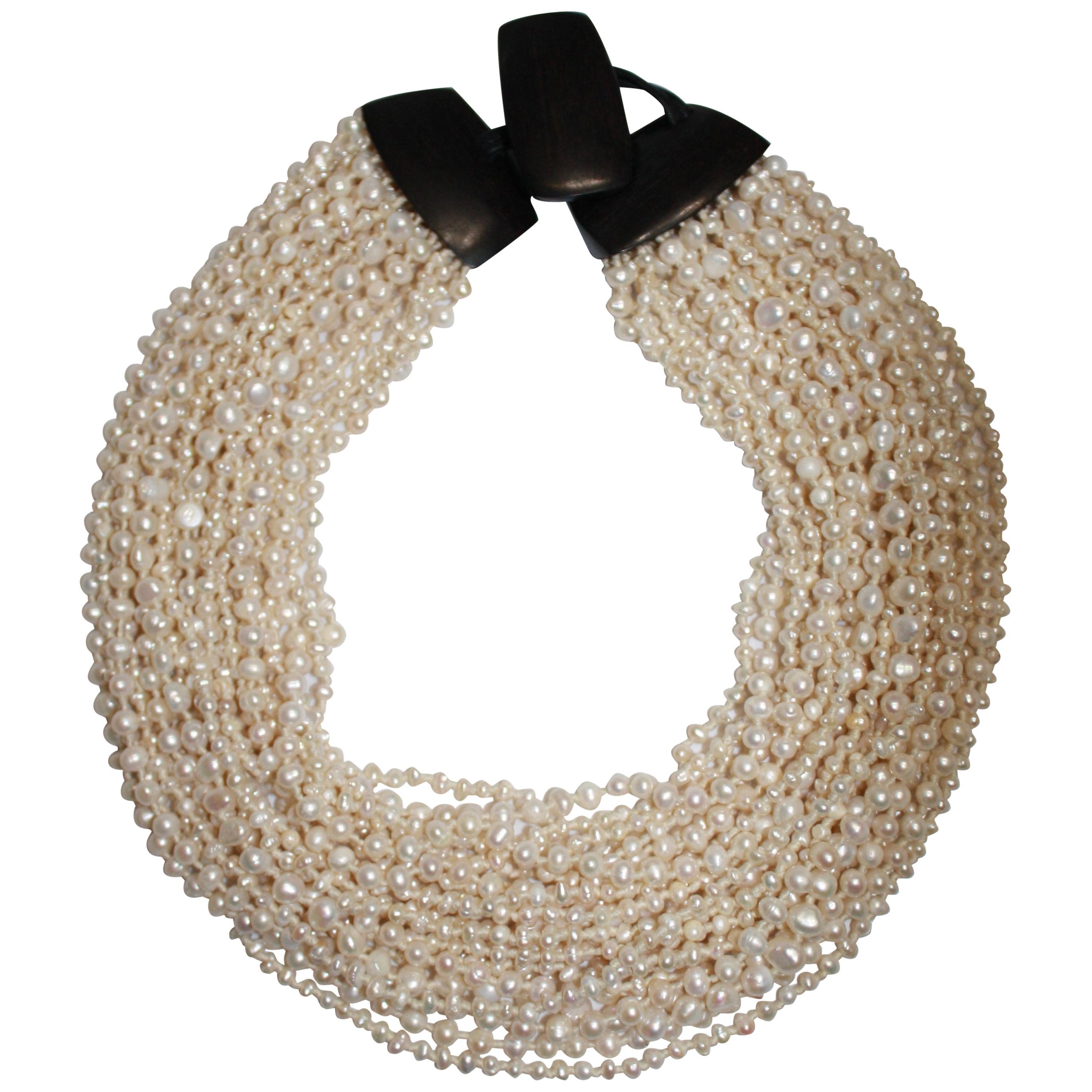 Monies Multi Strand Freshwater Pearls, Horn And Leather Choker