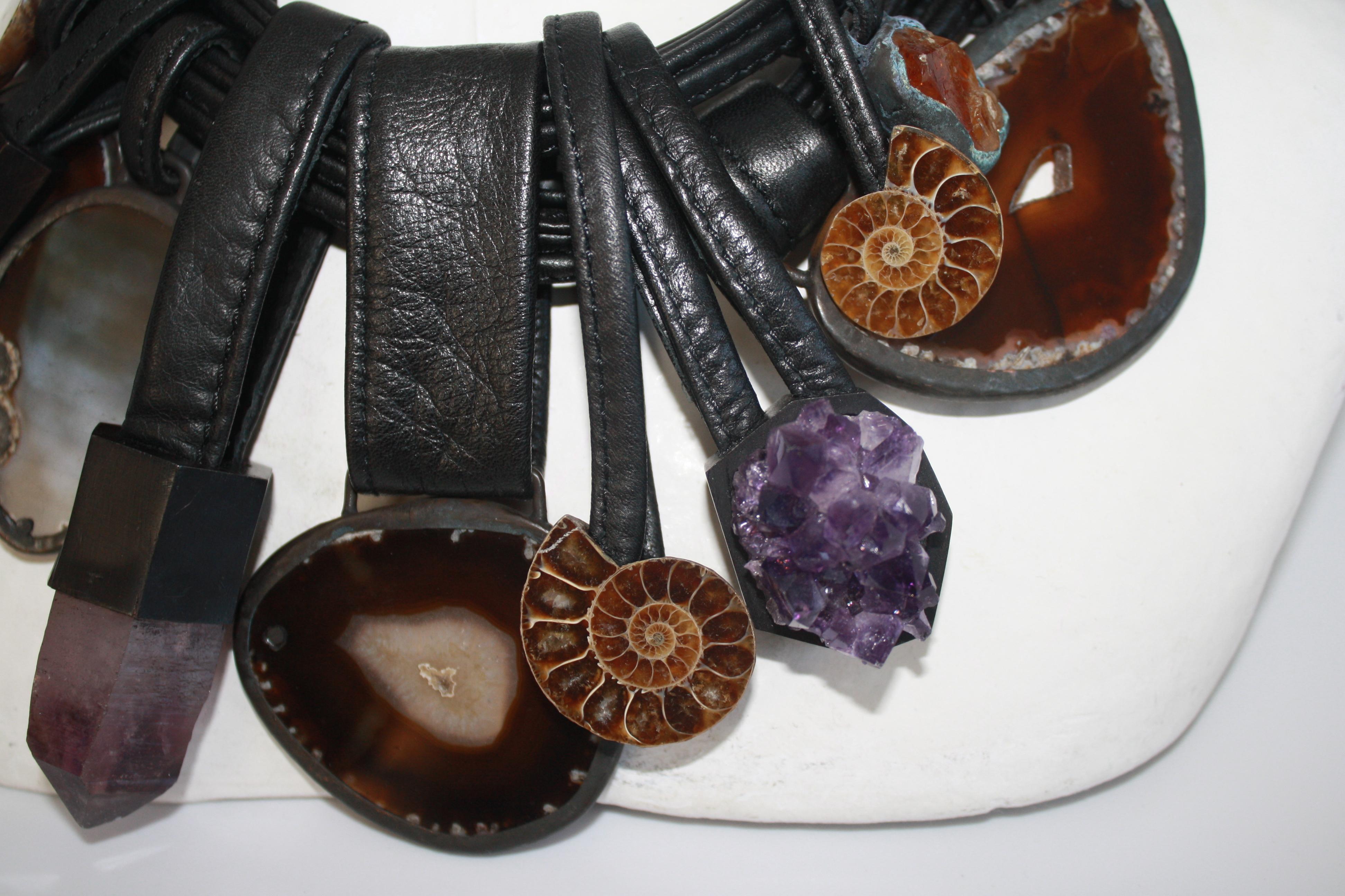 Monies One of a Kind Agate, Amethyst, Ammonite, Leather, & Acacia Wood Necklace In New Condition In Virginia Beach, VA