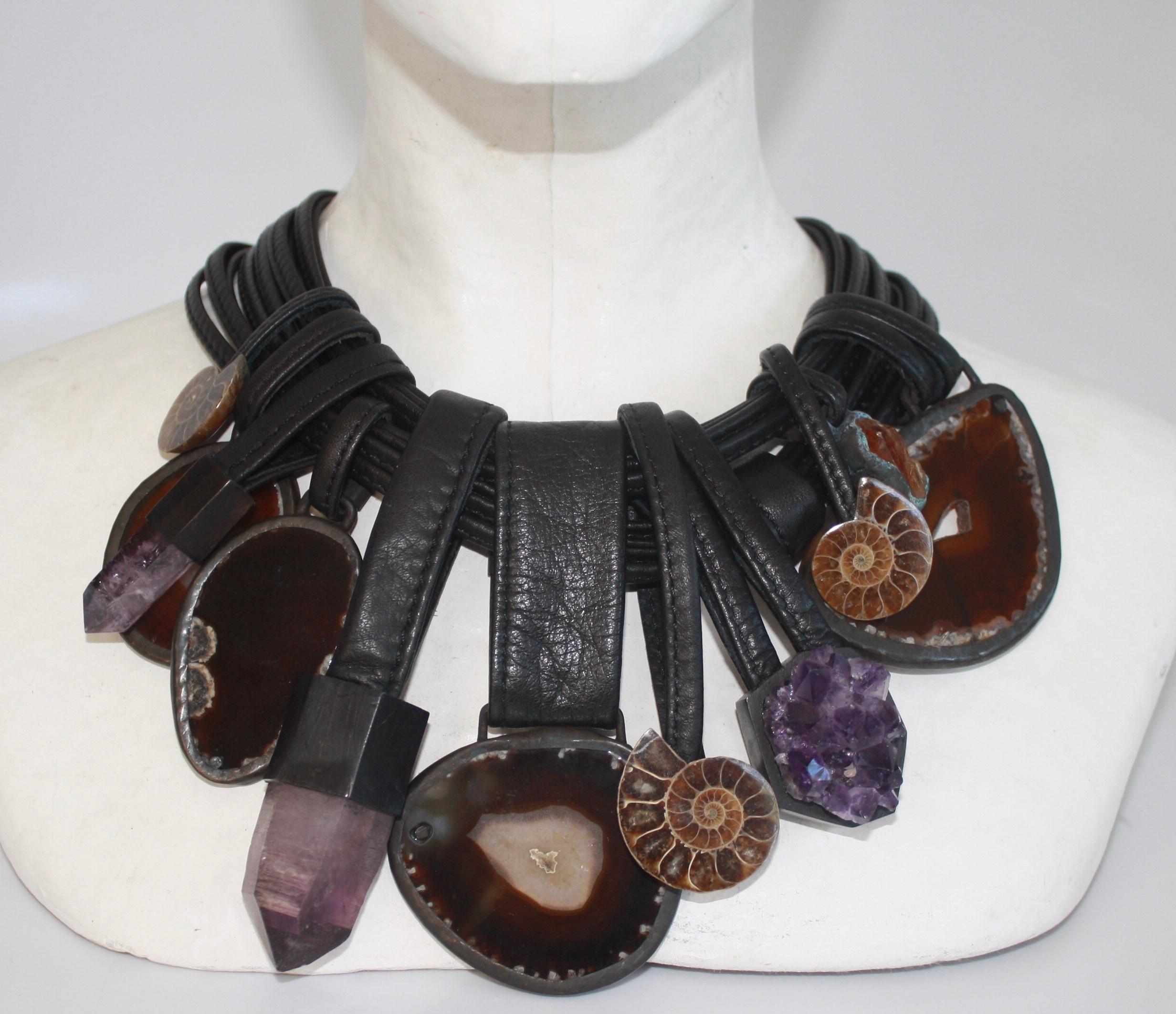 Women's Monies One of a Kind Agate, Amethyst, Ammonite, Leather, & Acacia Wood Necklace