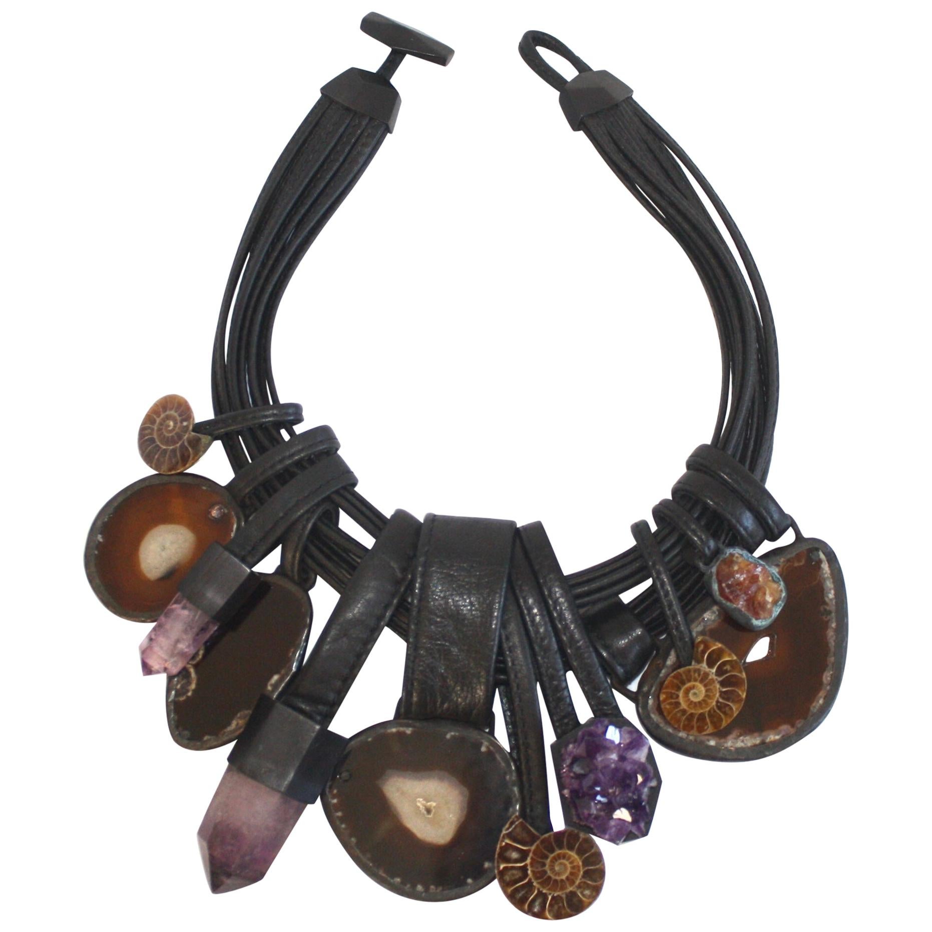 Monies One of a Kind Agate, Amethyst, Ammonite, Leather, & Acacia Wood Necklace