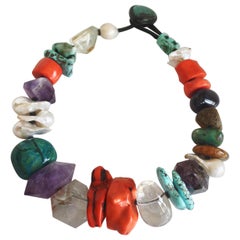Monies One of a Kind Amber, Coral, Mountain Crystal, Ammonite, & Agate Necklace
