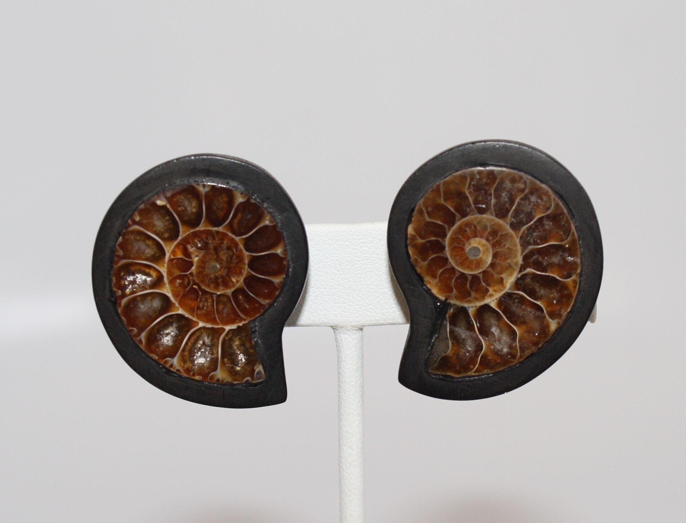Monies One of a Kind Ammonite and Ebony Clip Earrings  In New Condition In Virginia Beach, VA