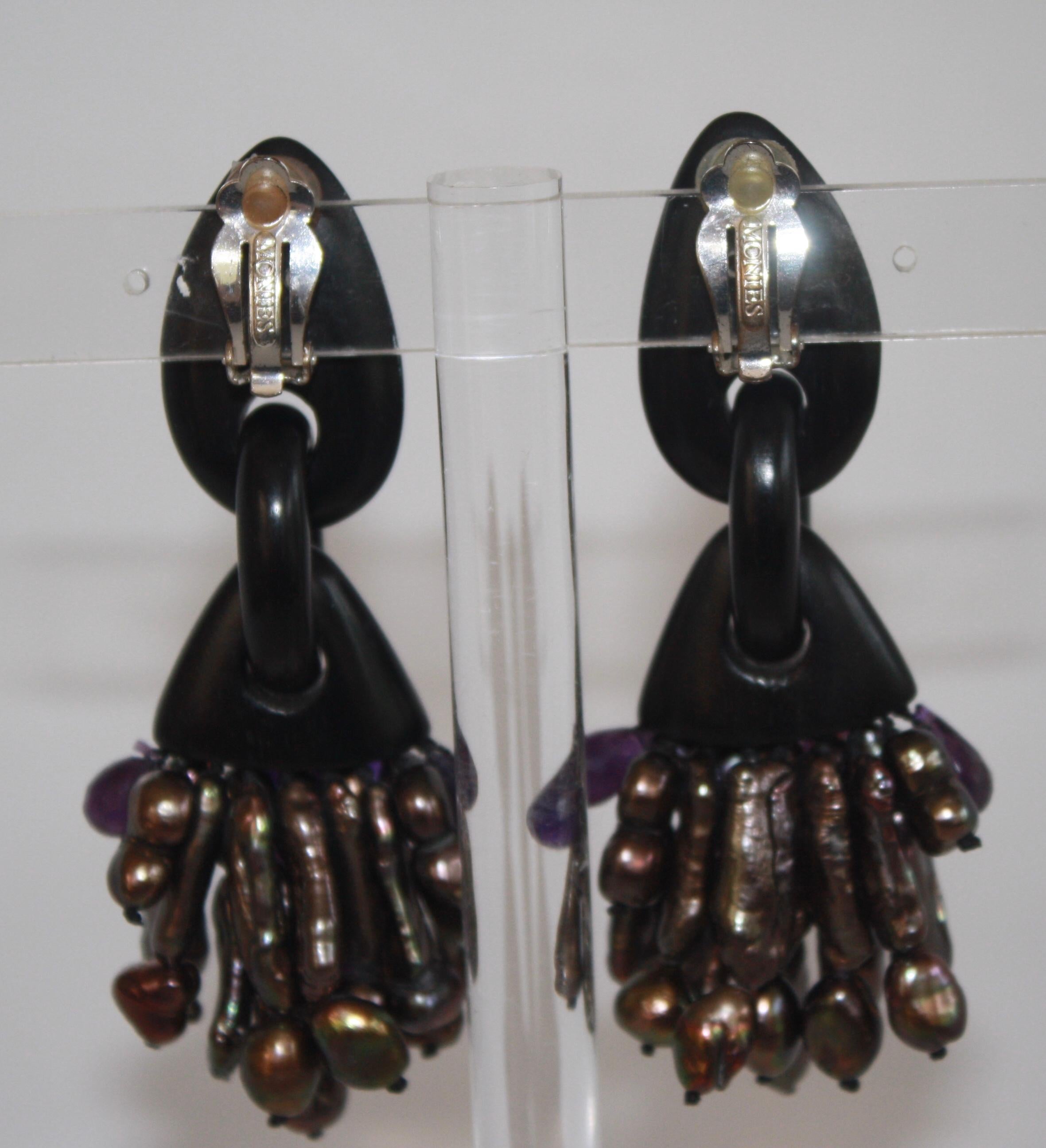 Monies One of a Kind Baroque Pearl, Amethyst and Ebony Clip Earrings In New Condition In Virginia Beach, VA