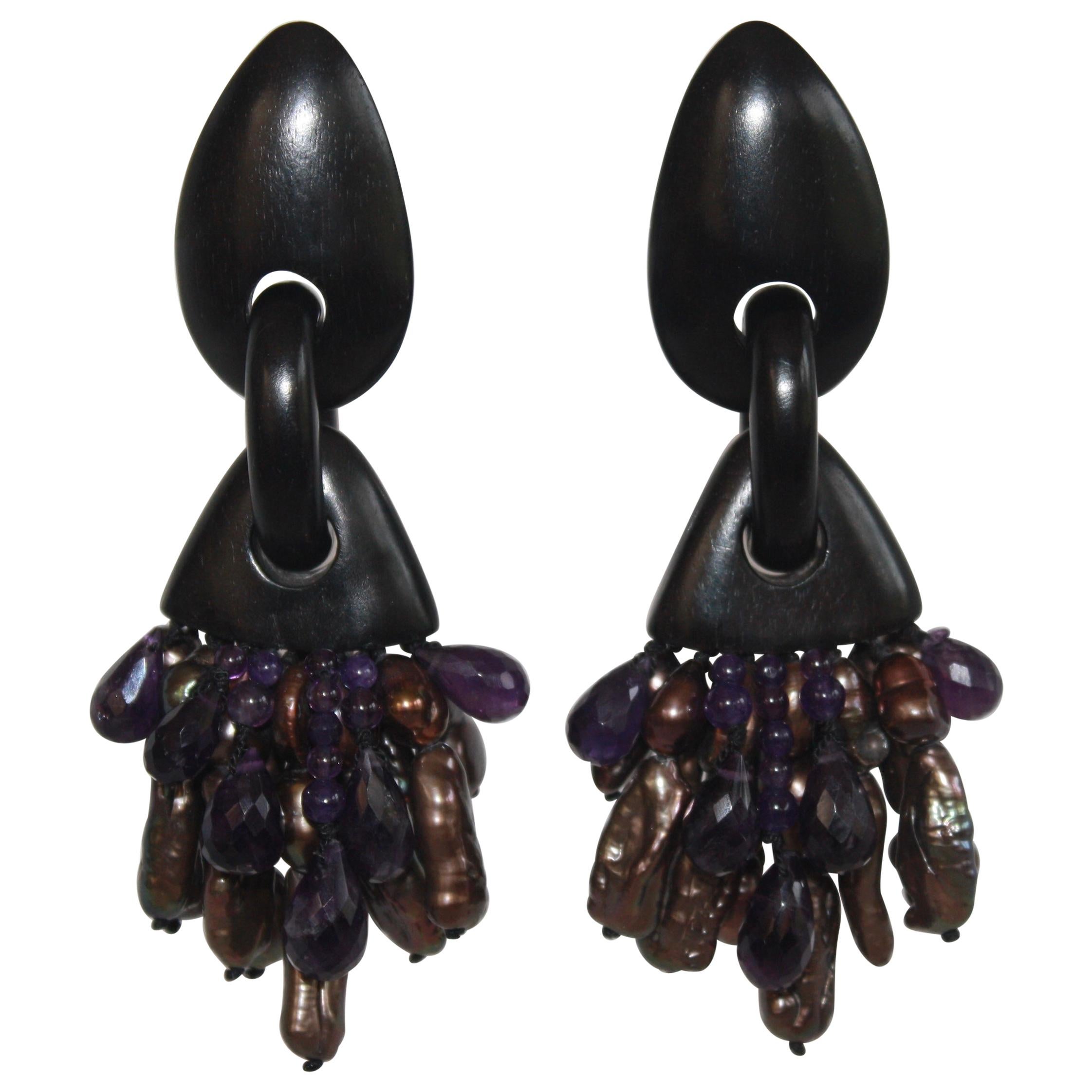 Monies One of a Kind Baroque Pearl, Amethyst and Ebony Clip Earrings
