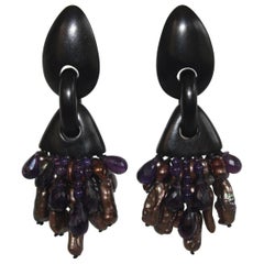 Monies One of a Kind Baroque Pearl, Amethyst and Ebony Clip Earrings