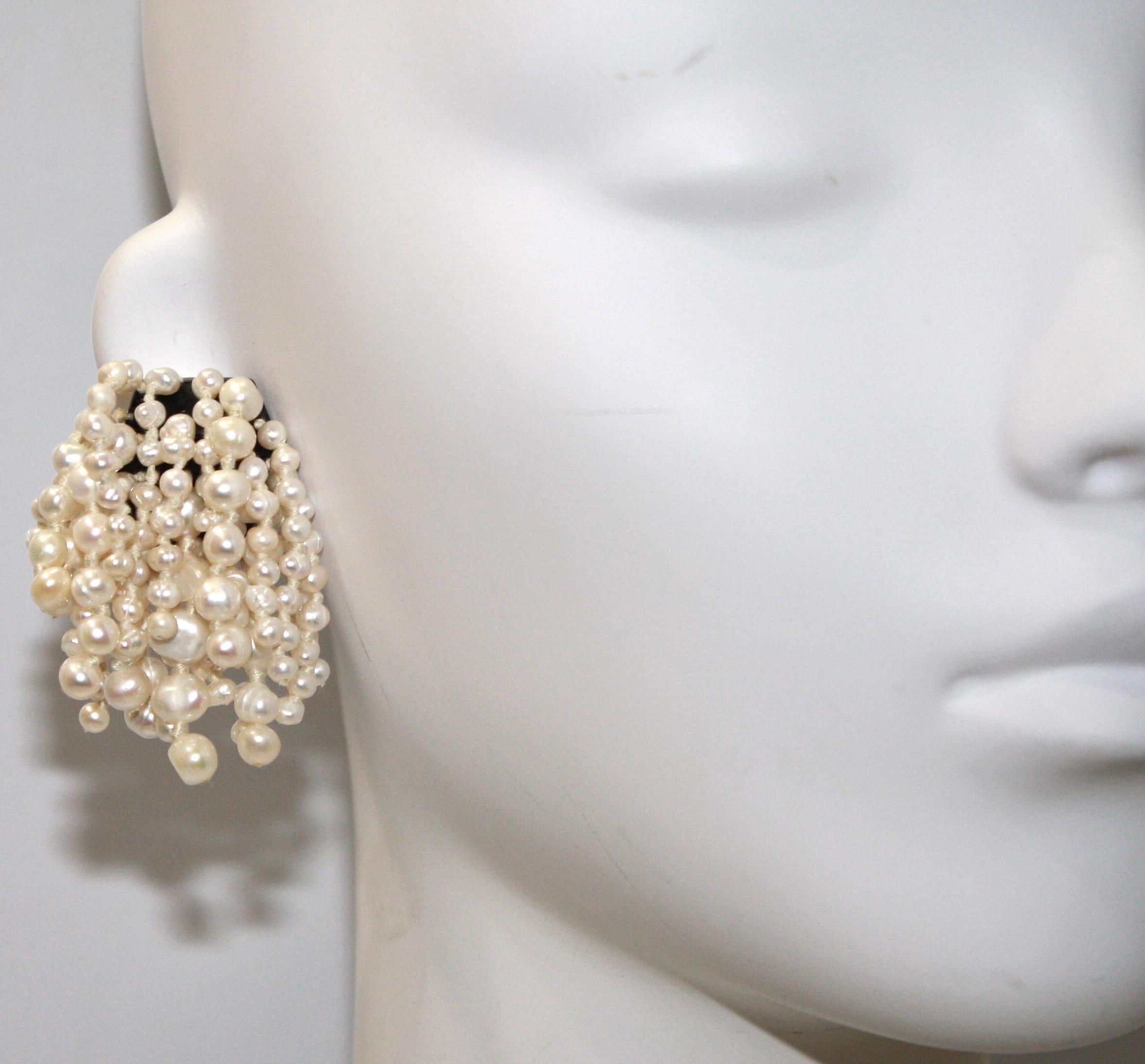 Monies One of a Kind Freshwater Pearl and Ebony Clip Earrings.