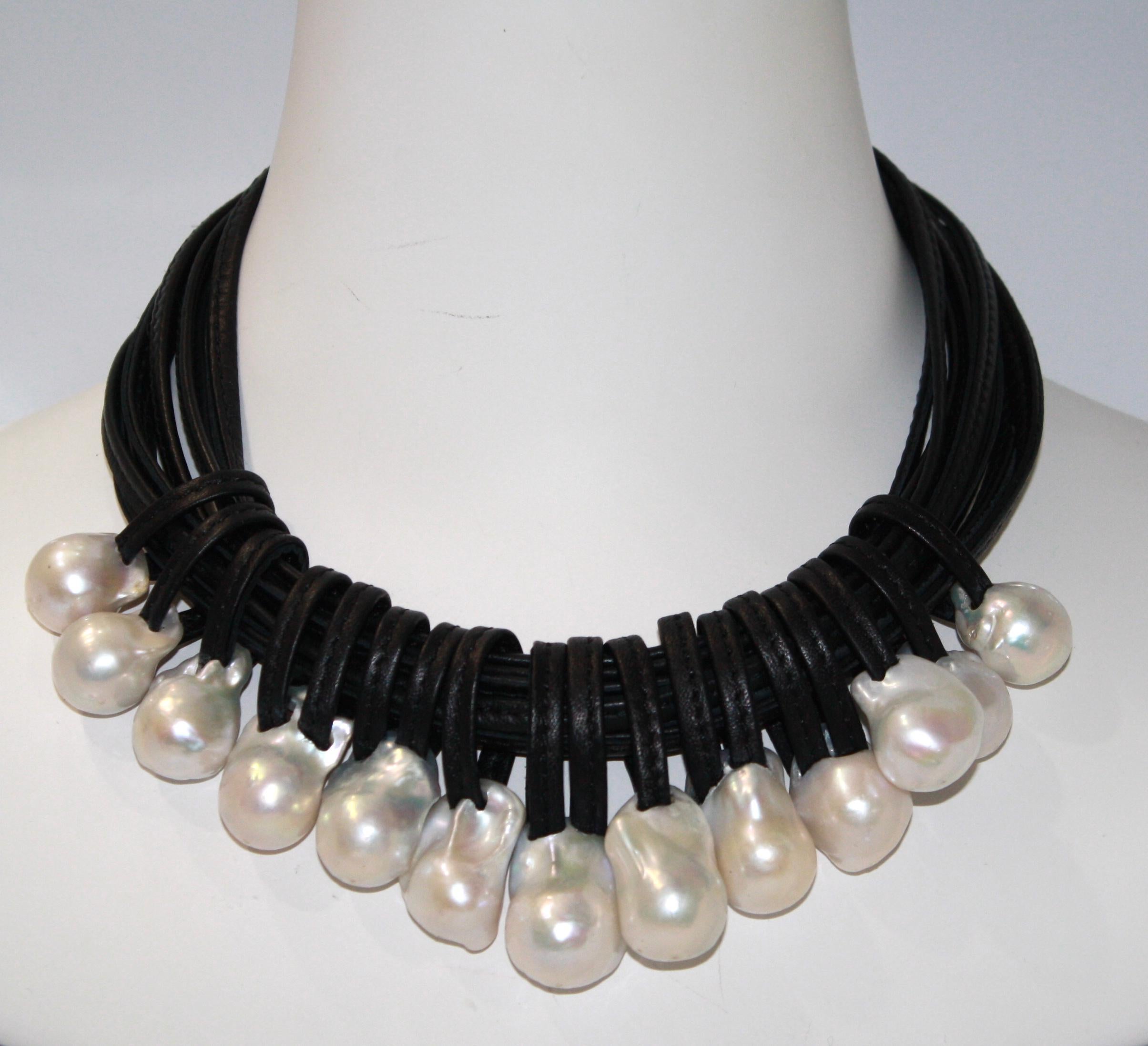Monies One of a Kind Leather and Freshwater Baroque Pearl Necklace.