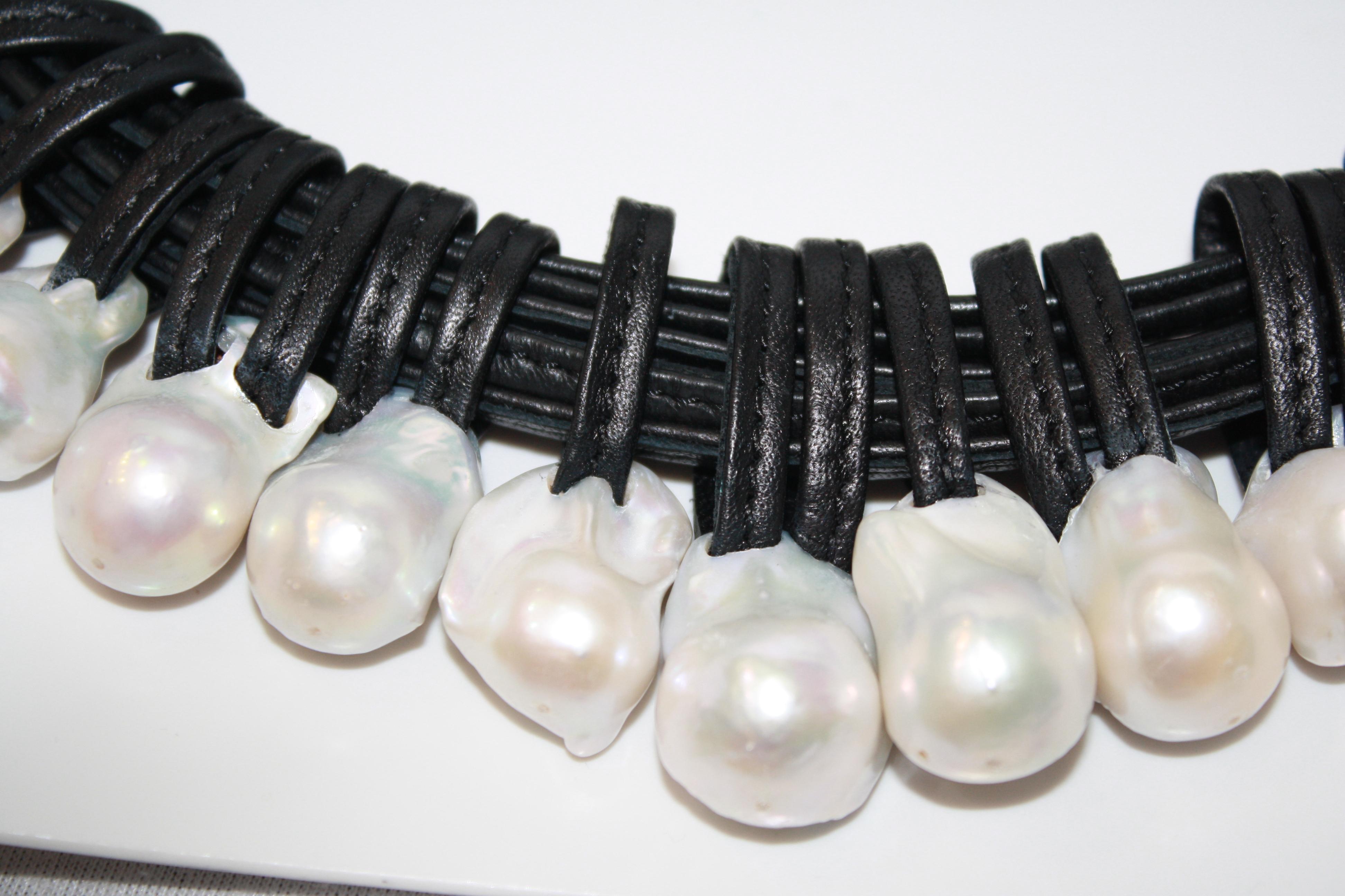 Monies One of a Kind Leather and Freshwater Baroque Pearl Necklace In New Condition In Virginia Beach, VA