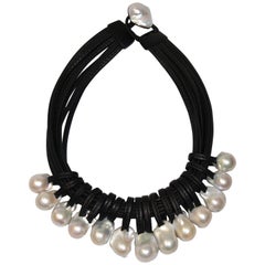 Monies One of a Kind Leather and Freshwater Baroque Pearl Necklace