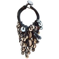 Monies One of a Kind Mother of Pearl, Ebony wood, and Leather Necklace