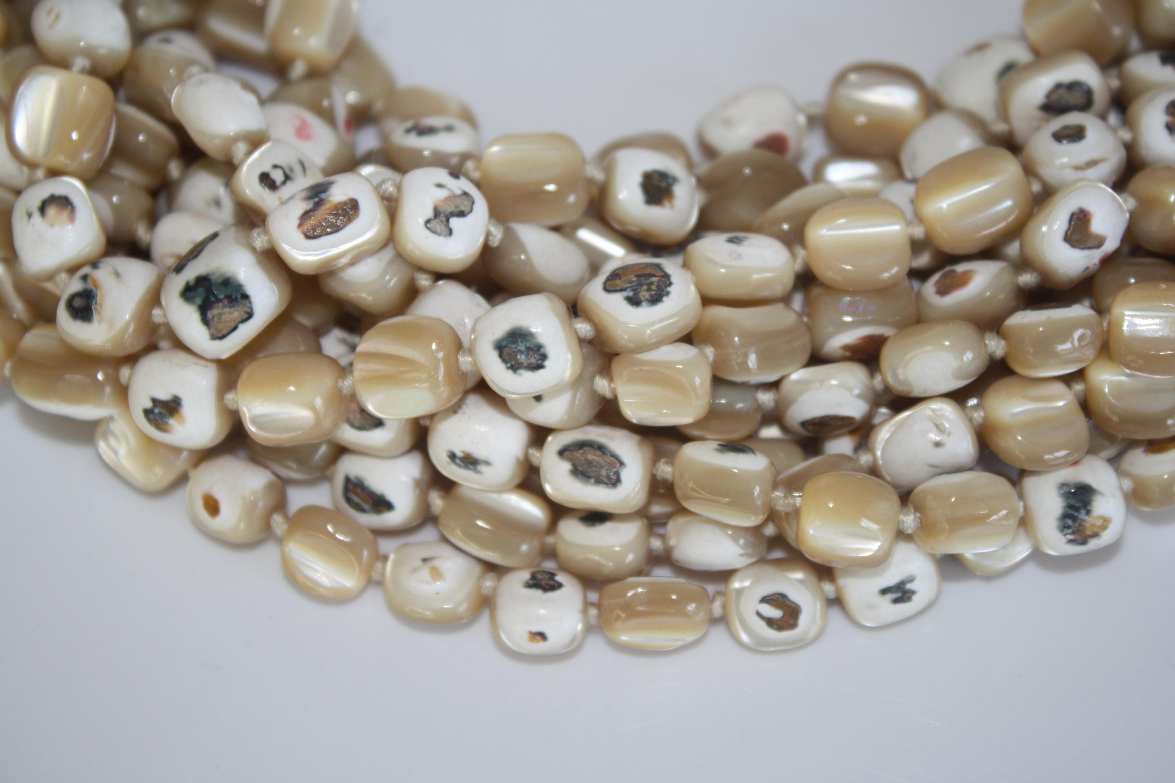 Monies One of a Kind Mother of Pearl, Mountain Crystal, and Azobe Wood Necklace In New Condition In Virginia Beach, VA