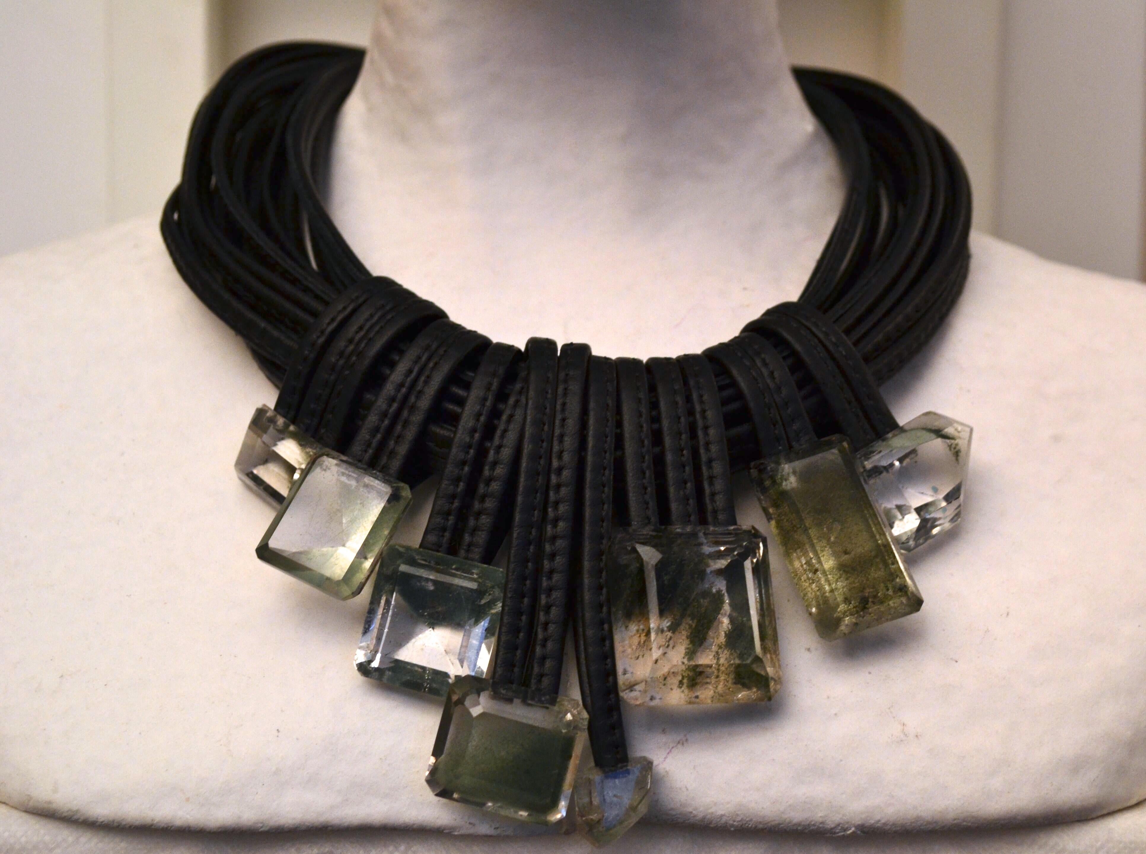 Monies One of a Kind Mountain Crystal and Leather Choker In New Condition In Virginia Beach, VA