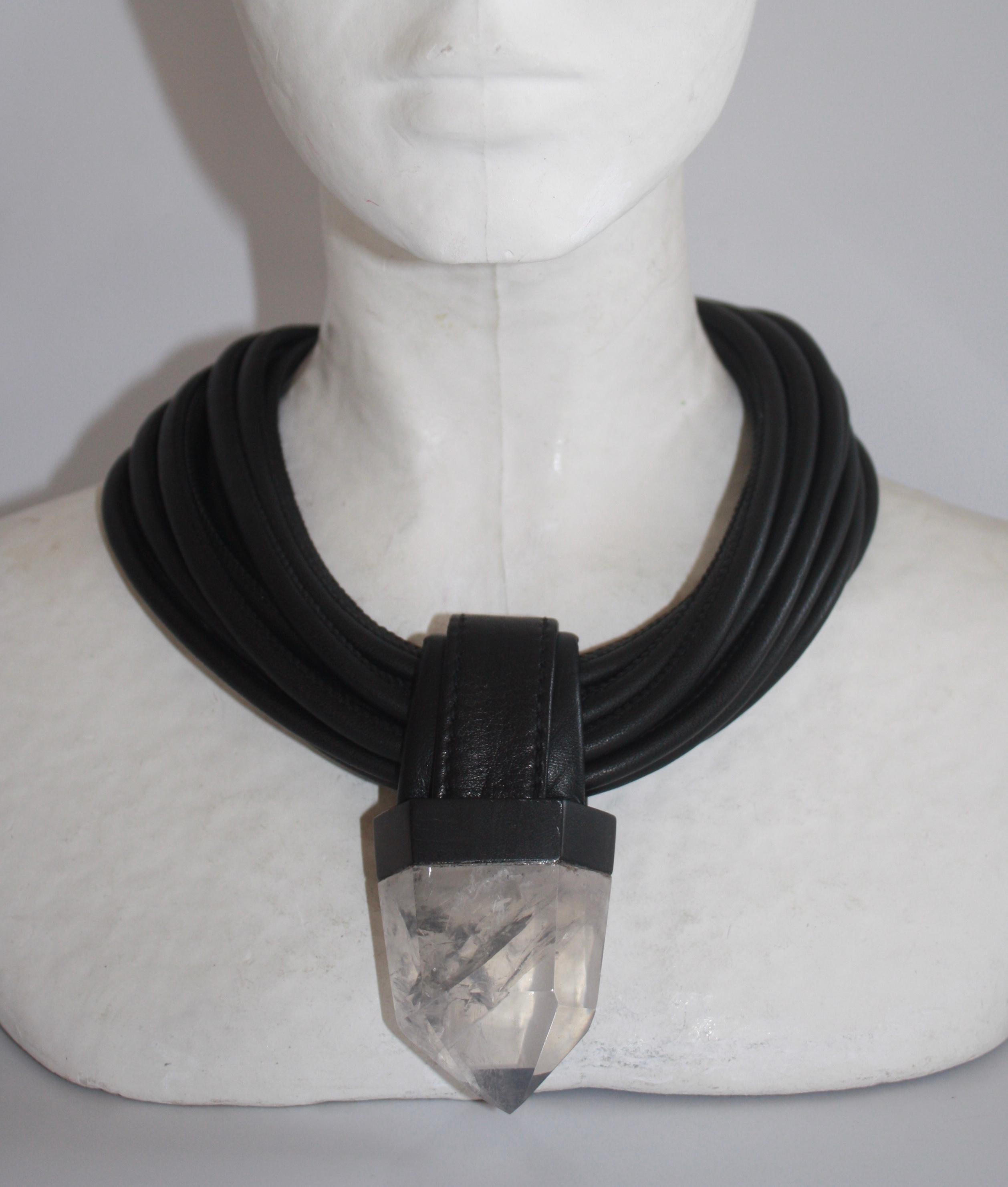 Women's Monies One of a Kind Quartz, Ebony, and Leather Choker Necklace