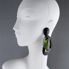 Monies Oversized Dangle Clip Earrings Wood and Avocado Green Resin