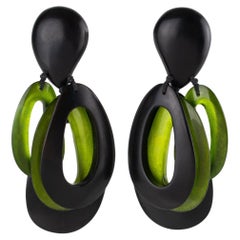 Monies Oversized Dangle Clip Earrings Wood and Avocado Green Resin