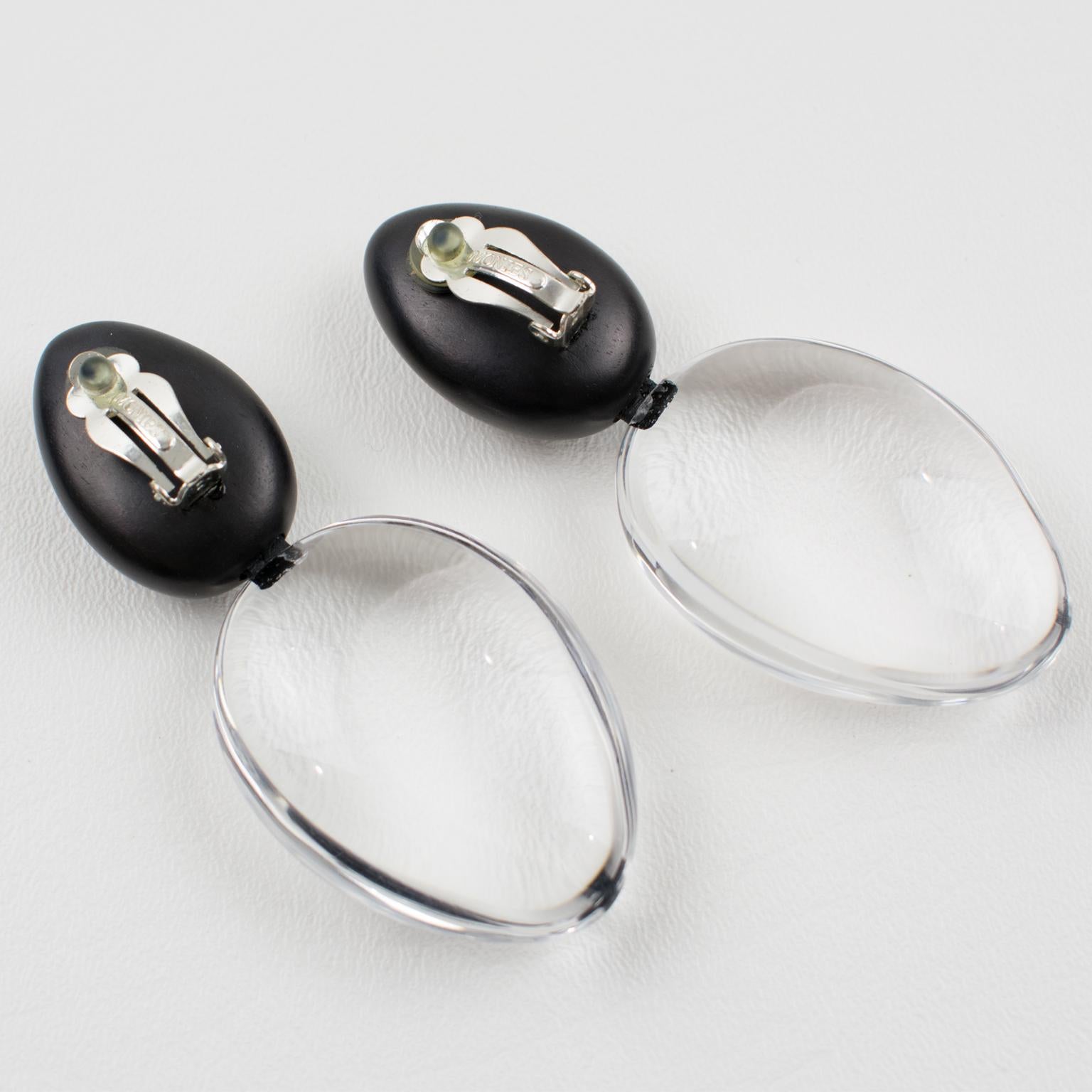 Modernist Monies Oversized Dangling Clip Earrings Lucite and Ebony