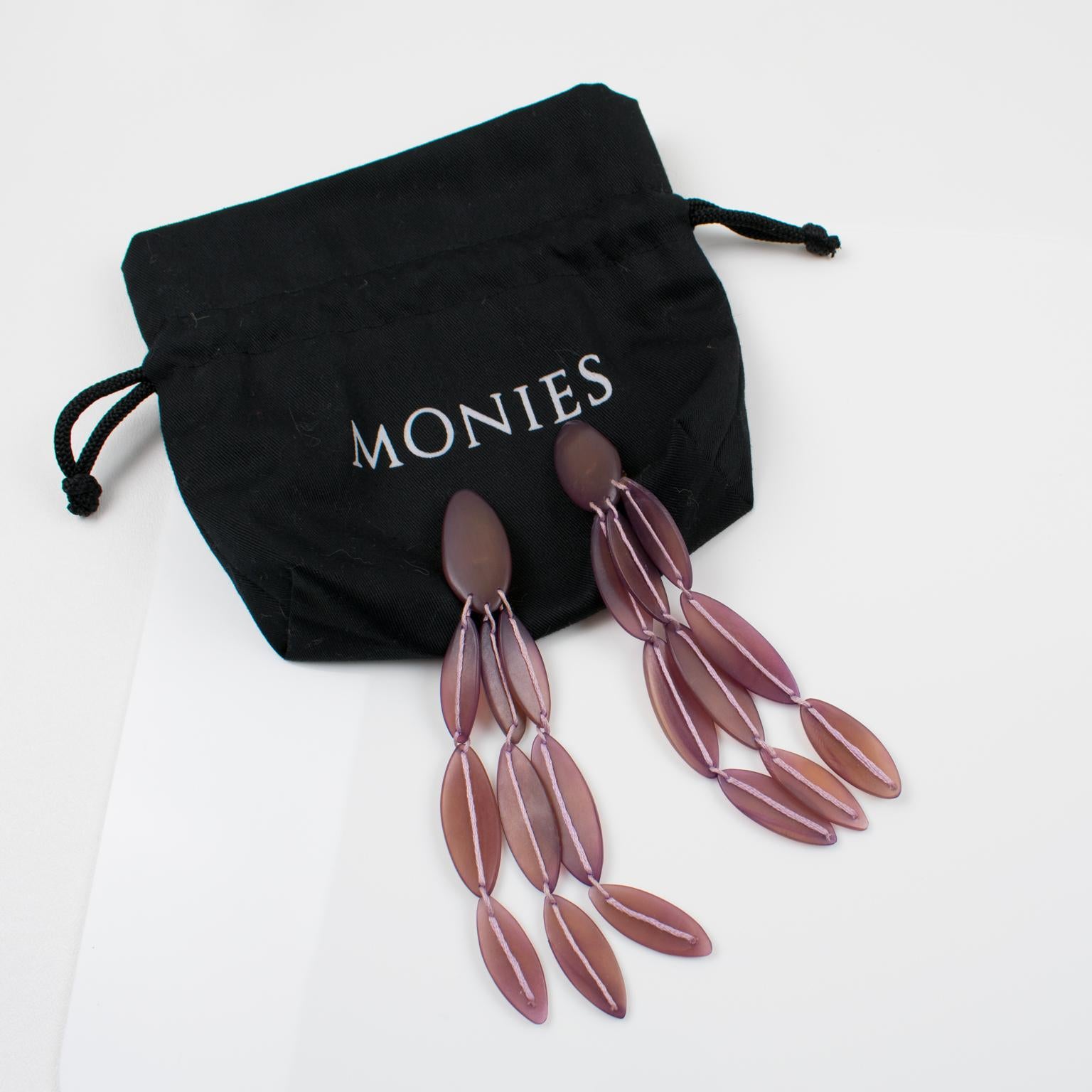 Modernist Monies Oversized Purple Resin Dangle Clip Earrings For Sale