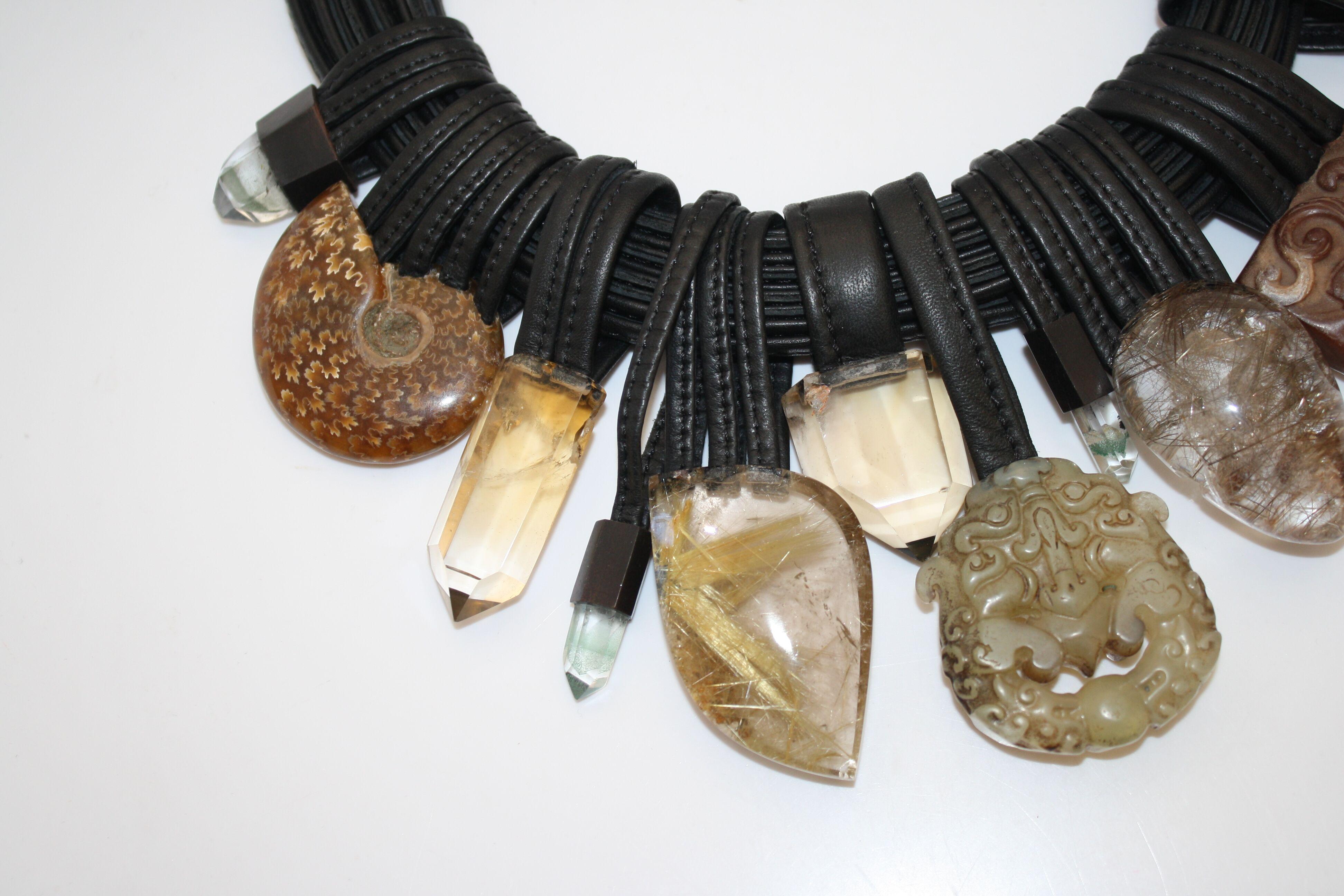 Quartz, citrine, jade, ebony, and leather statement necklace from Monies Denmark. 