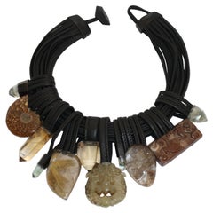 Monies Quartz, Citrine, Jade, Ebony, and Leather Necklace