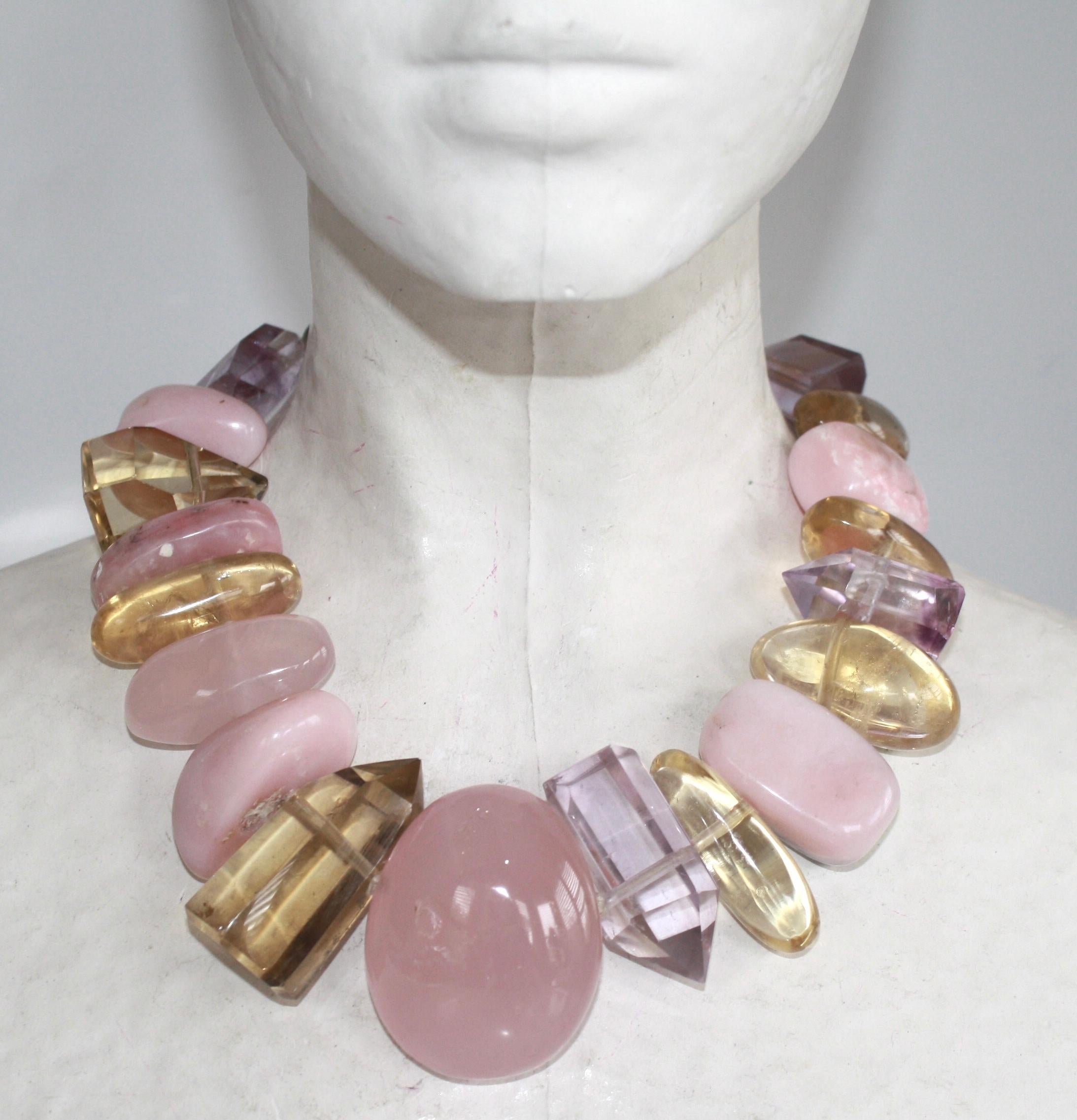 Rose quartz, amethyst, citrine,  opal, and leather one of a kind necklace from Monies Denmark. 