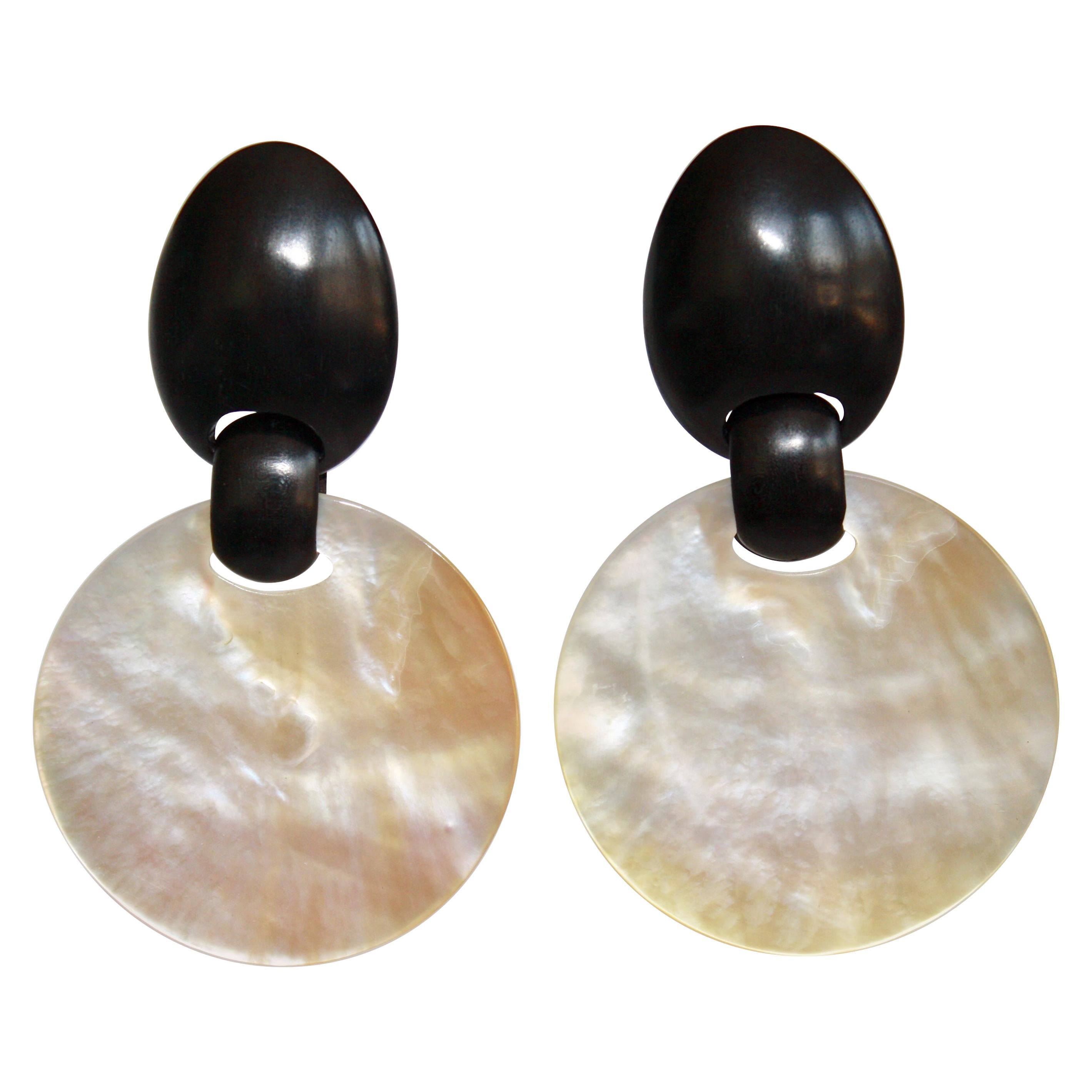 Monies Shell and Ebony Wood Clip Earrings