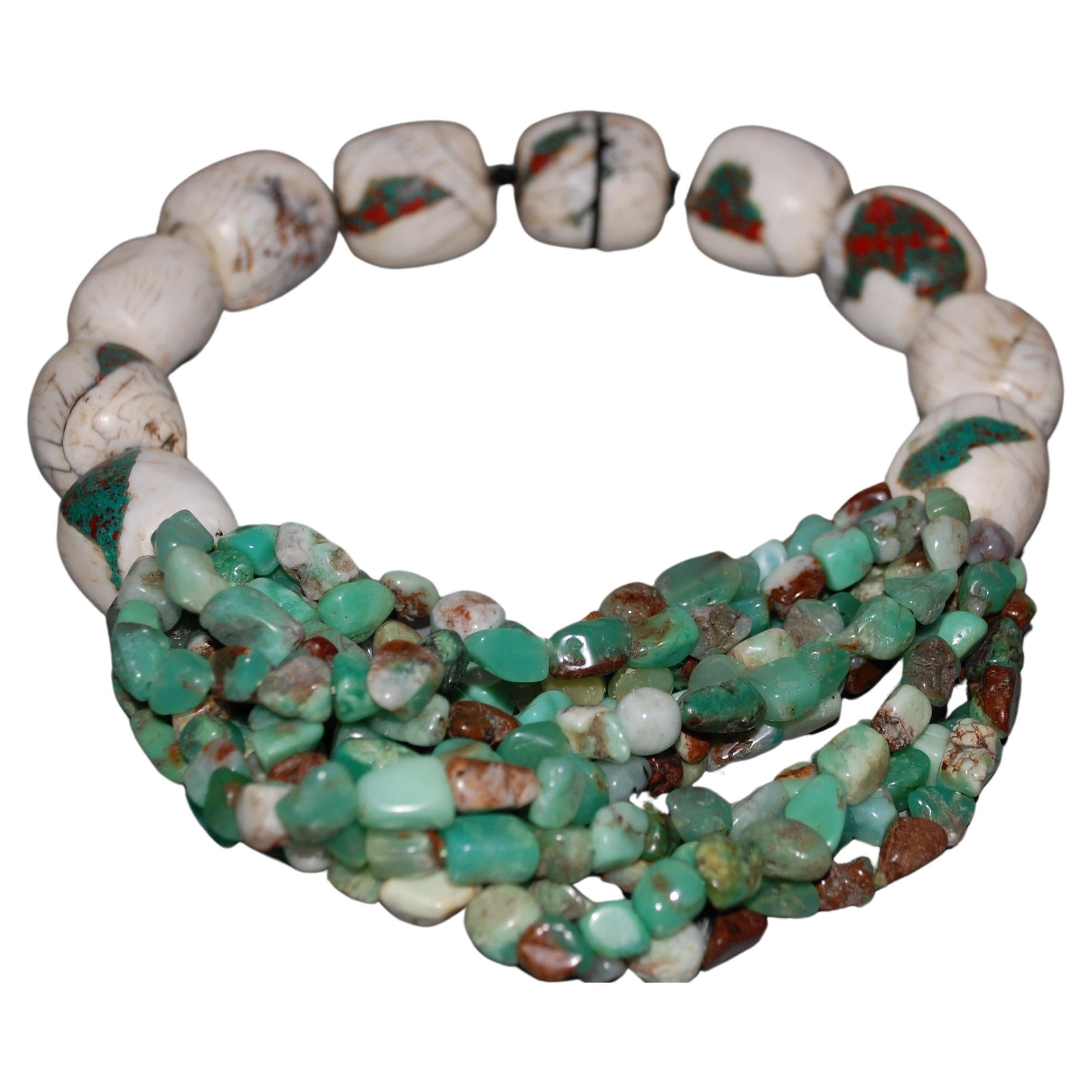 One-of-a-kind stunning statement necklace from the Danish jewelry designer, Monies. Made with large about one inch barrow shape White Buffalo Royston Turquoise and multi strings Chrysoprase stone beads. Signed on the magnetic clasp.  Handcrafted in