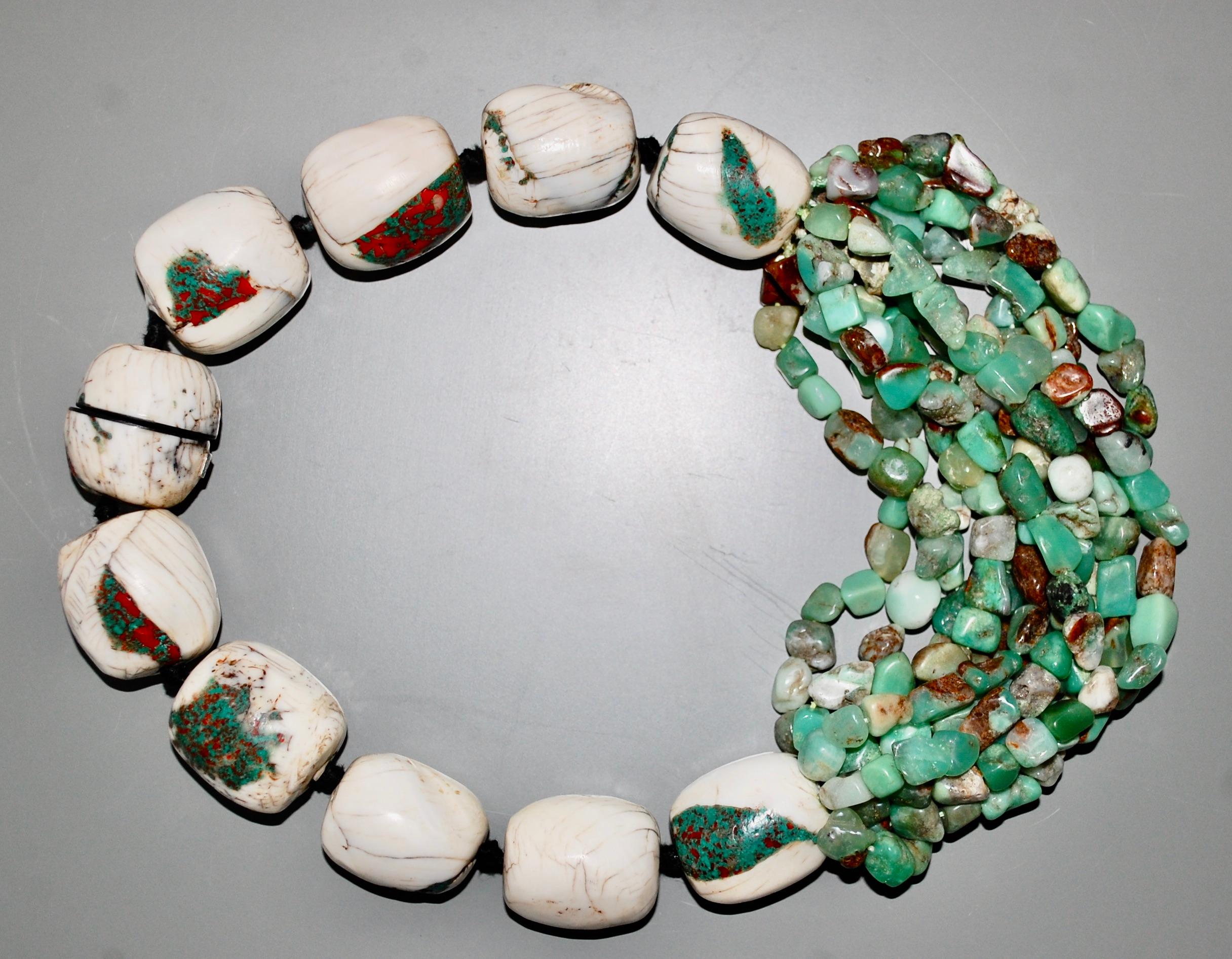 Modern  Monies Statement Necklace White Turquoise and Chrysoprase  For Sale