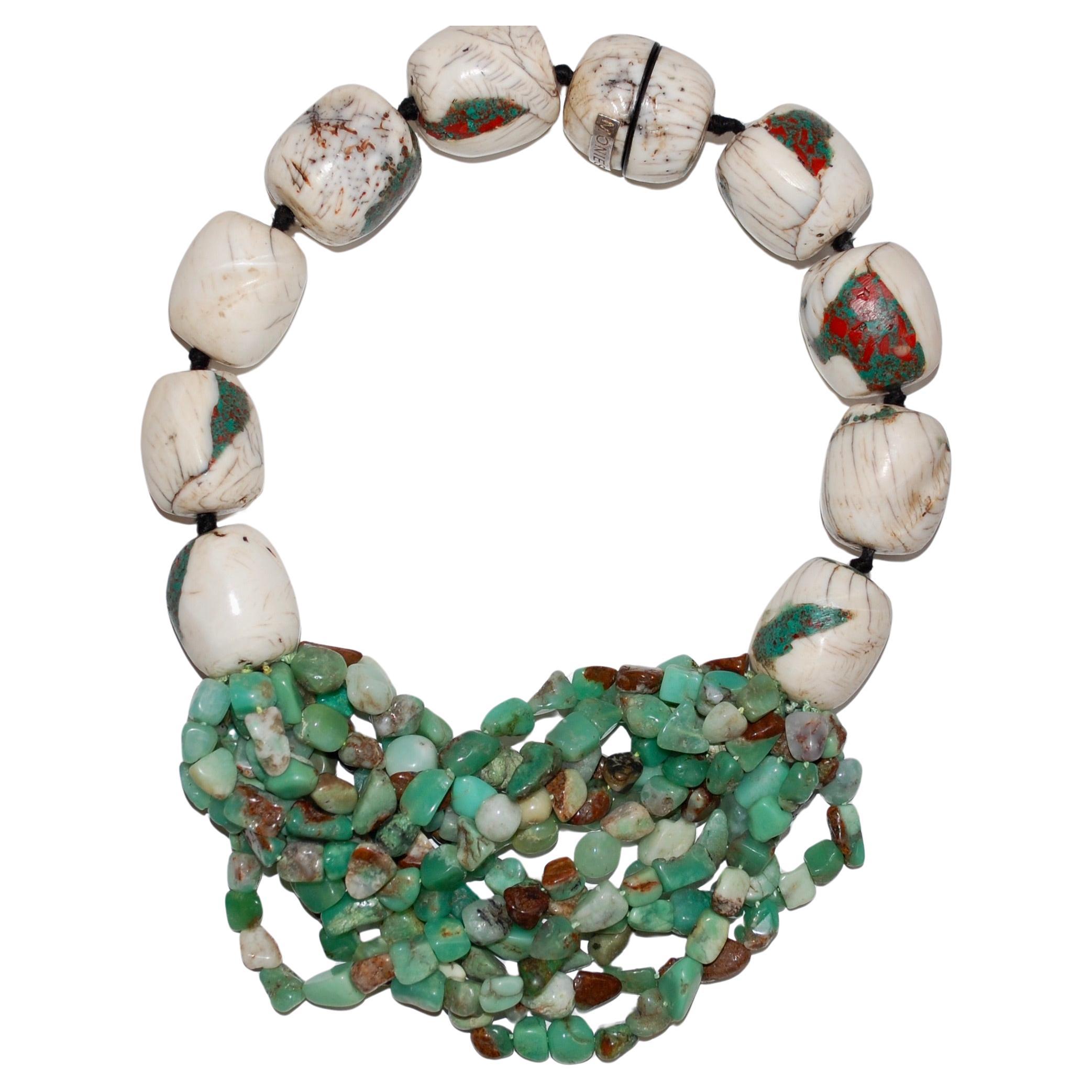 Monies Statement Necklace White Turquoise and Chrysoprase  For Sale