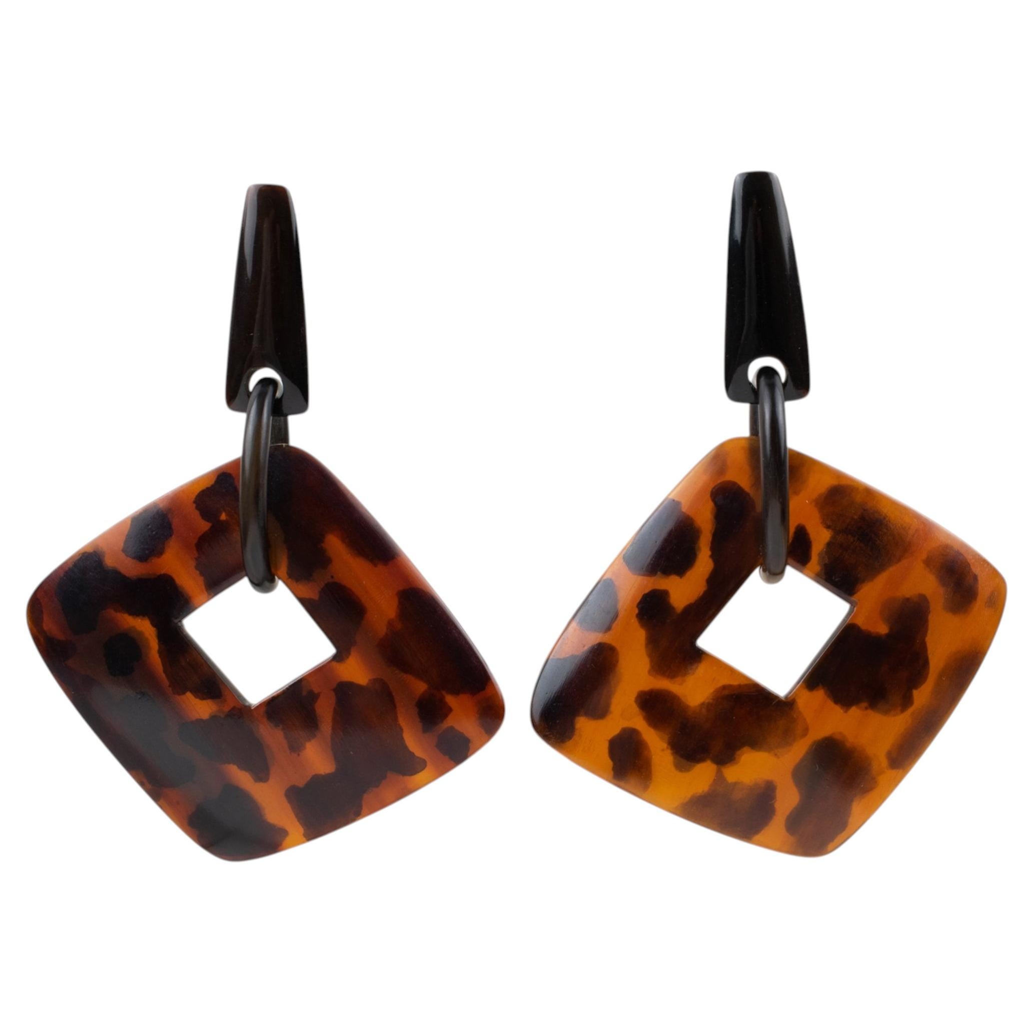 Monies by Gerda Lynggaard Tortoise Resin Carved Dangle Clip Earrings For Sale