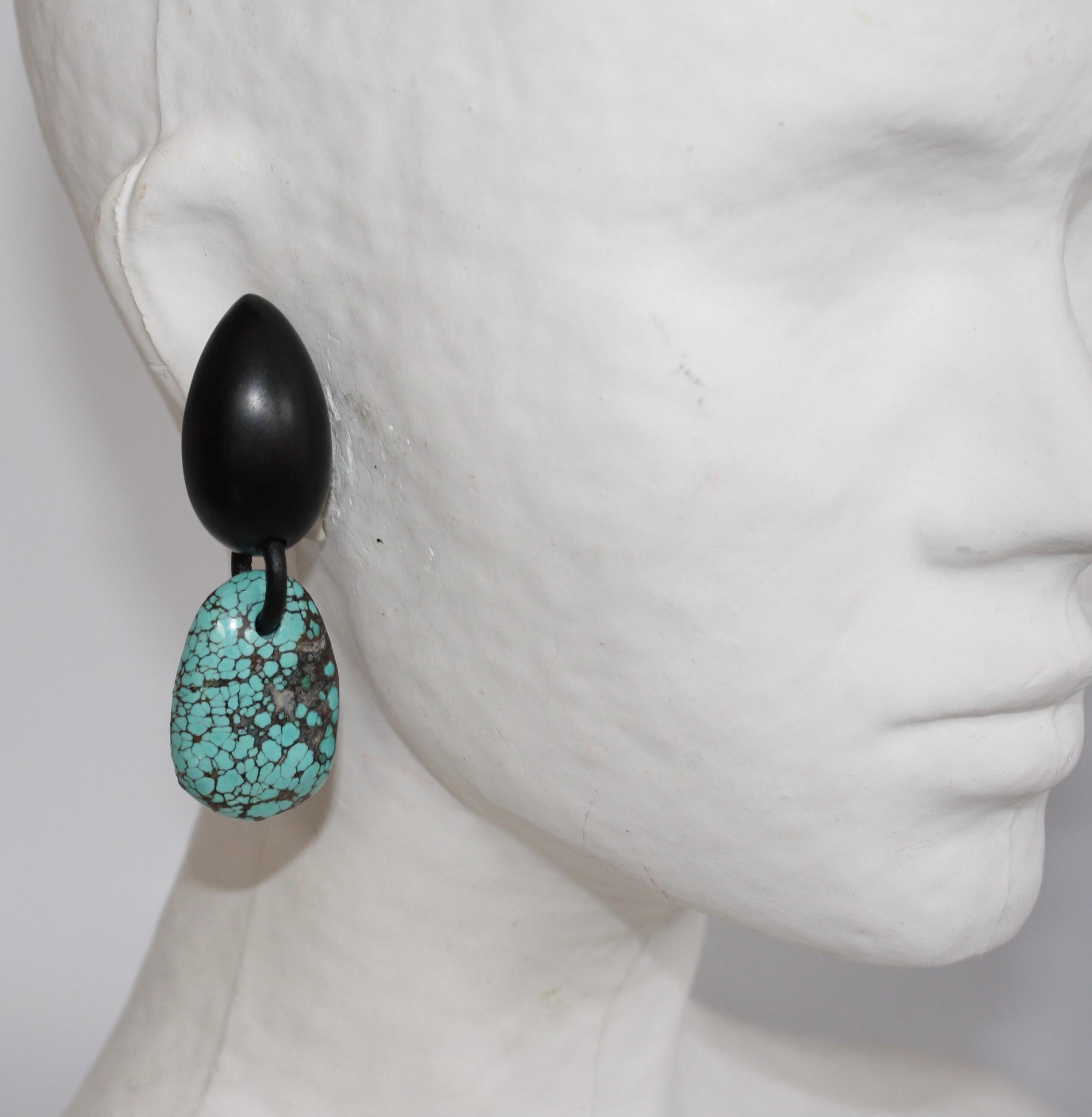 Women's Monies Turquoise and Ebony Wood Clip Earrings