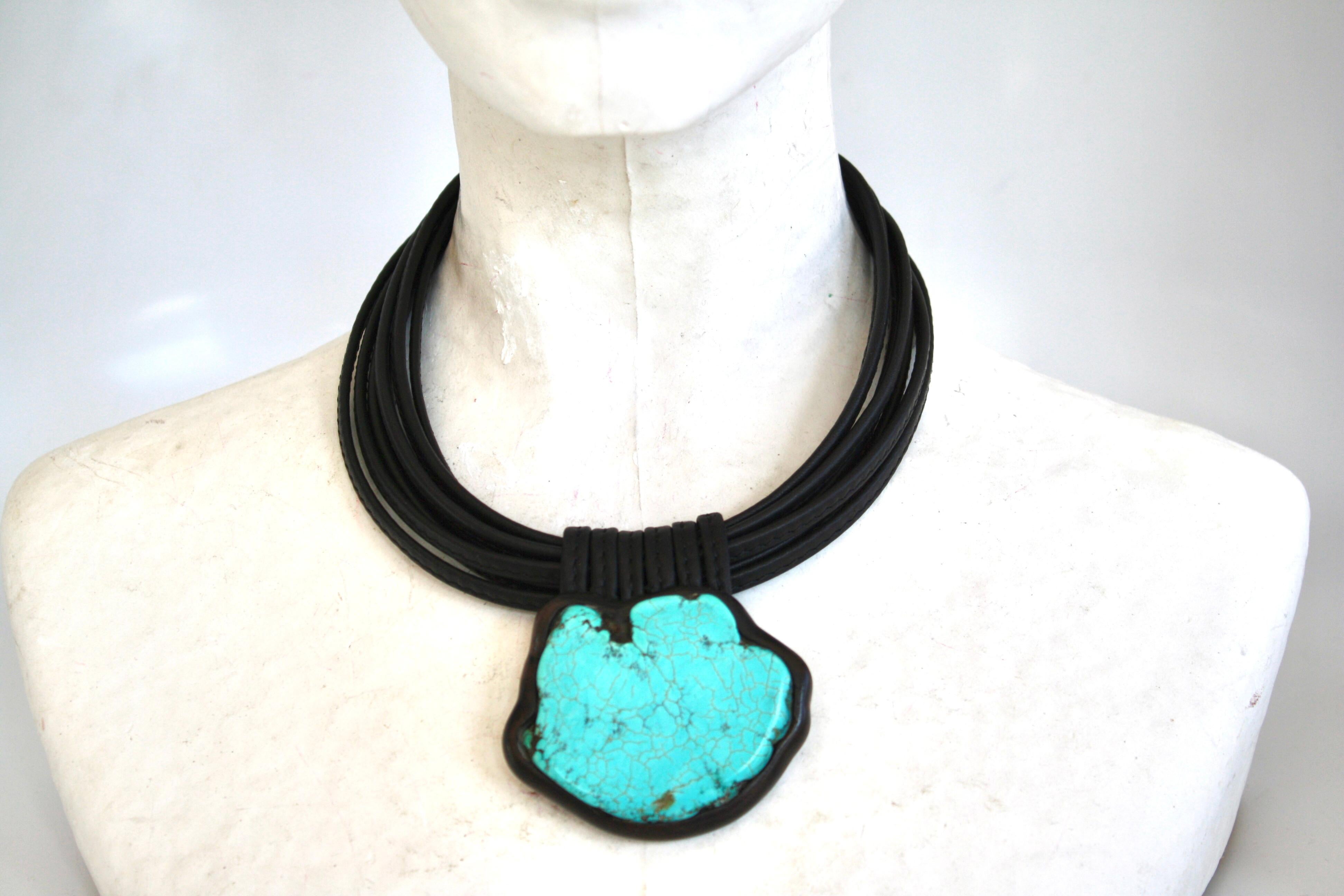 7 strand leather necklace with turquoise drop from Monies, Denmark. 