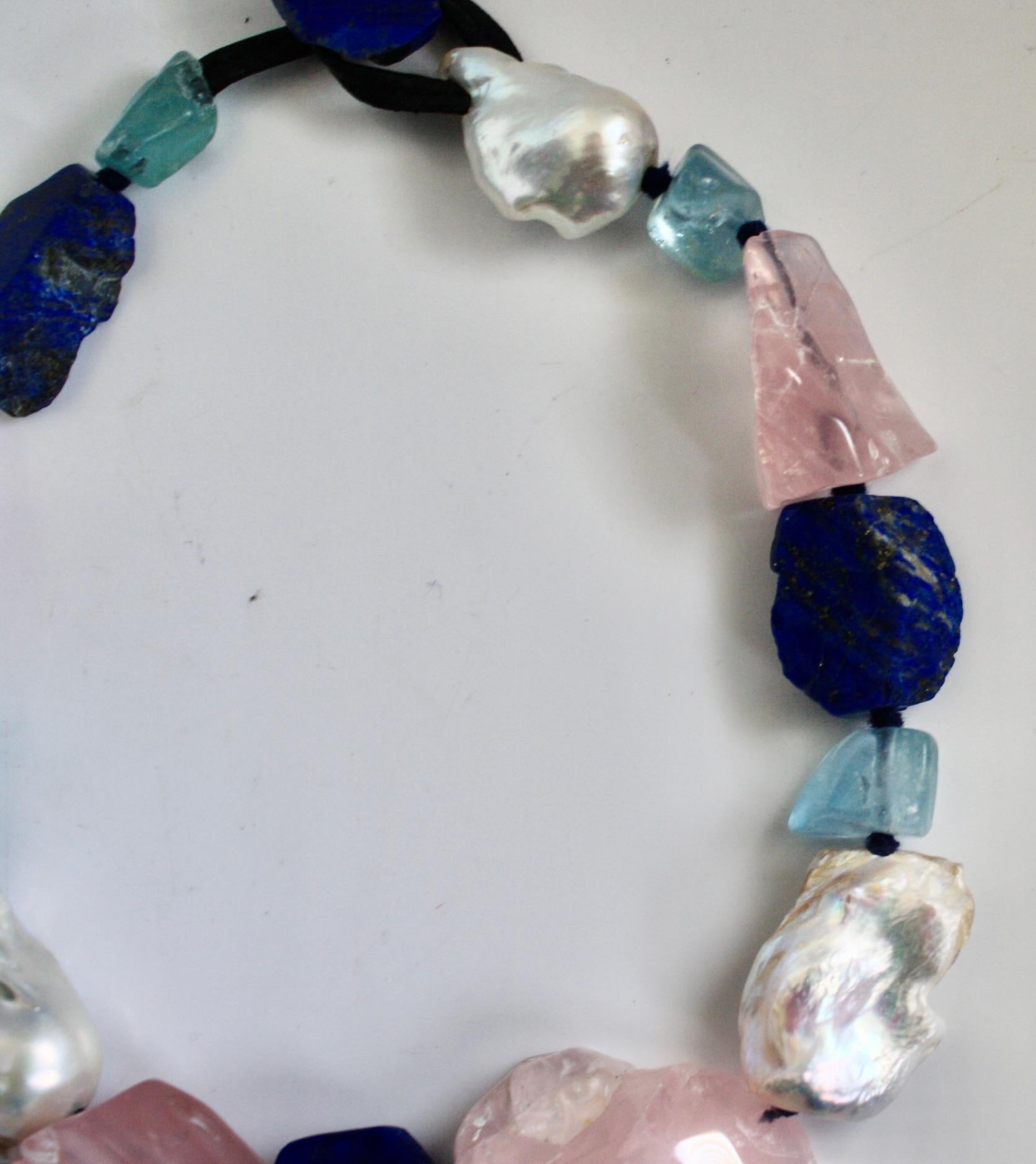 Women's or Men's Monies Unique Baroque Pearls, Lapis Lazuli, Pink Quartz and Blue Topaze