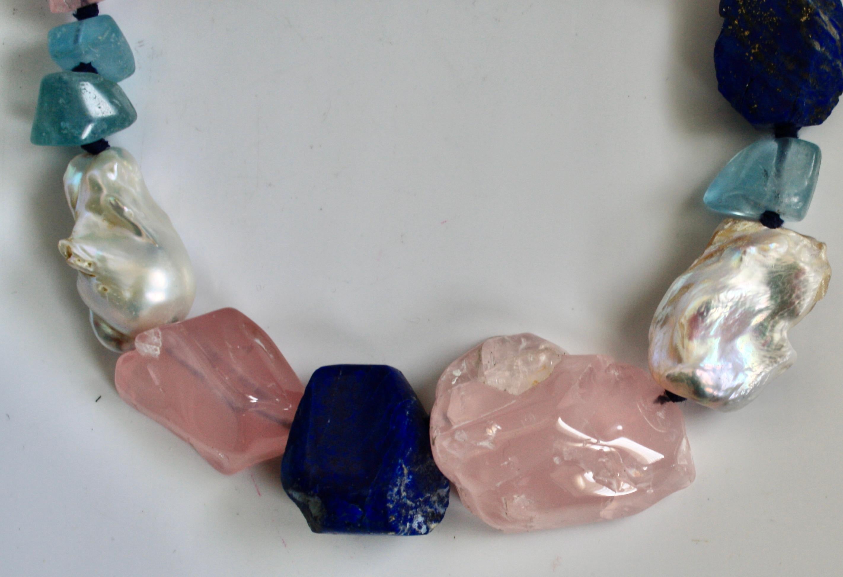 Monies Unique Baroque Pearls, Lapis Lazuli, Pink Quartz and Blue Topaze 1
