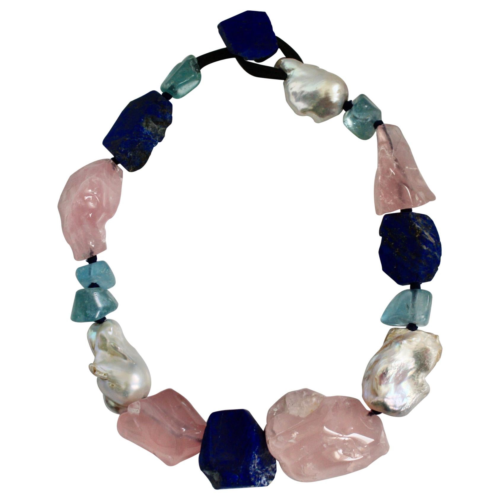 Monies Unique Baroque Pearls, Lapis Lazuli, Pink Quartz and Blue Topaze