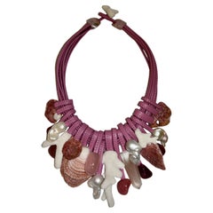 Monies Unique Leather, Baroque Pearl And Shell Choket