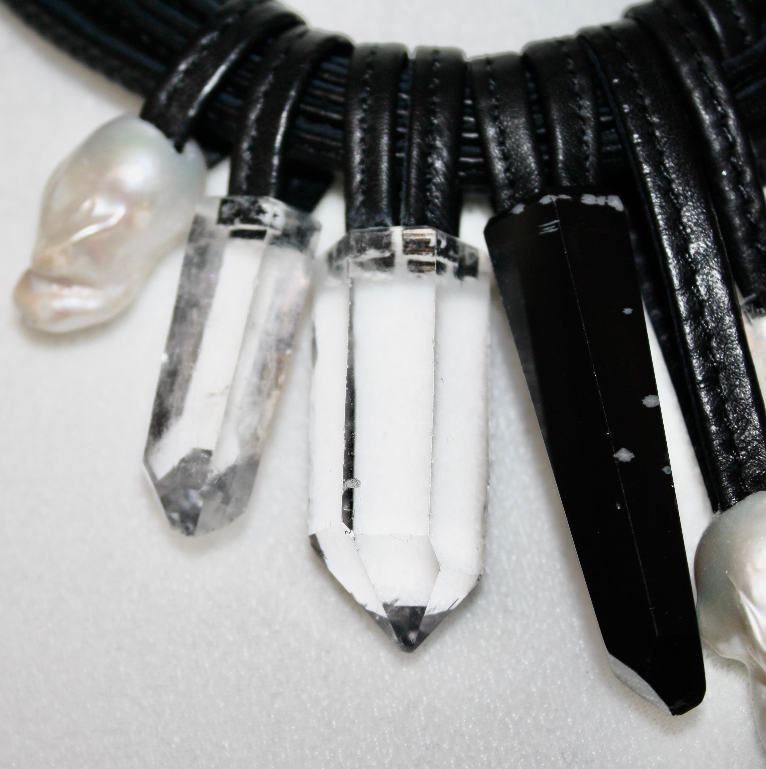 Women's or Men's Monies Unique Leather, Pearl, Rock Crystal and Ebony