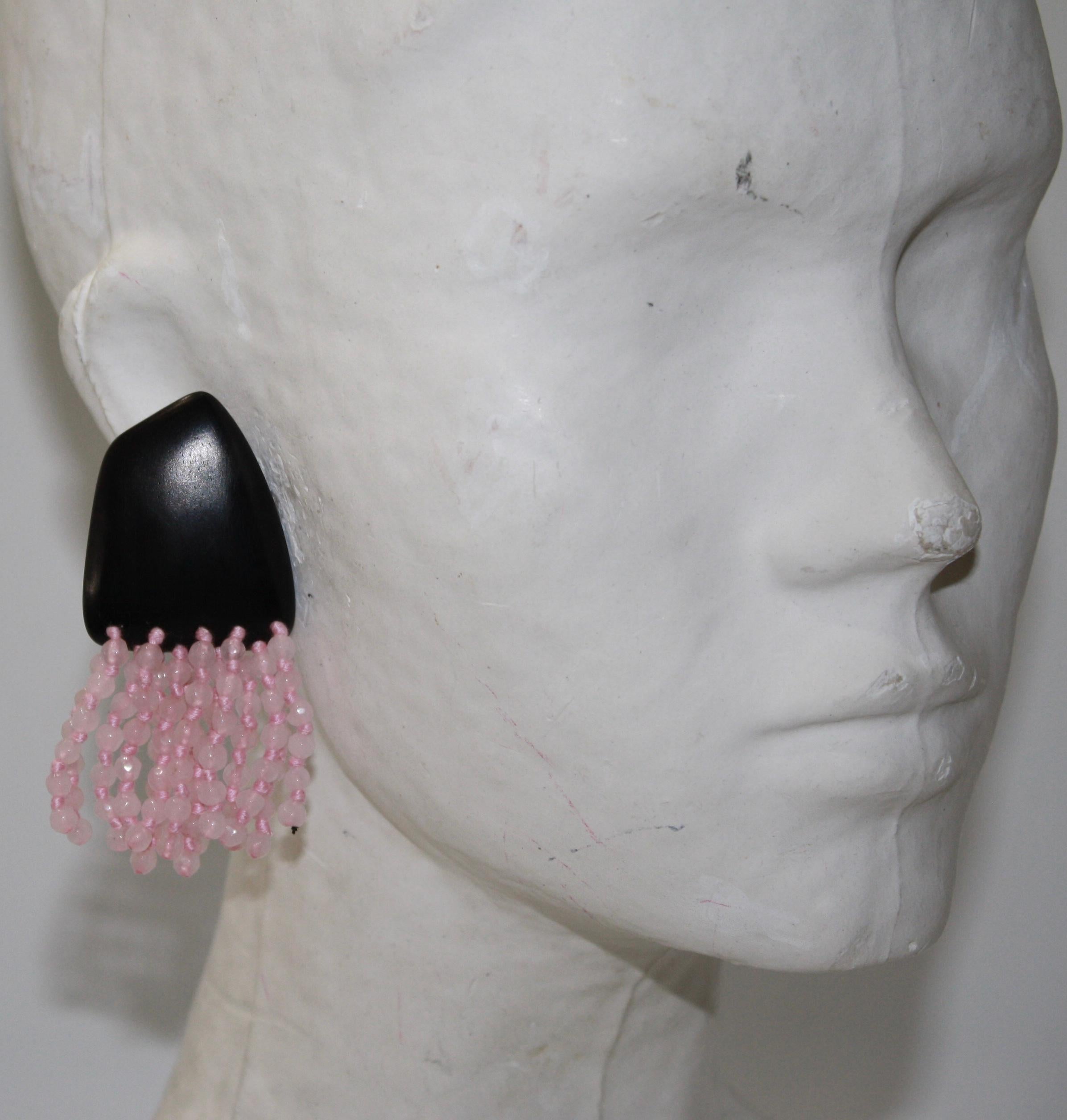 Bead Monies Unique Pink Quartz and Ebony Earrings