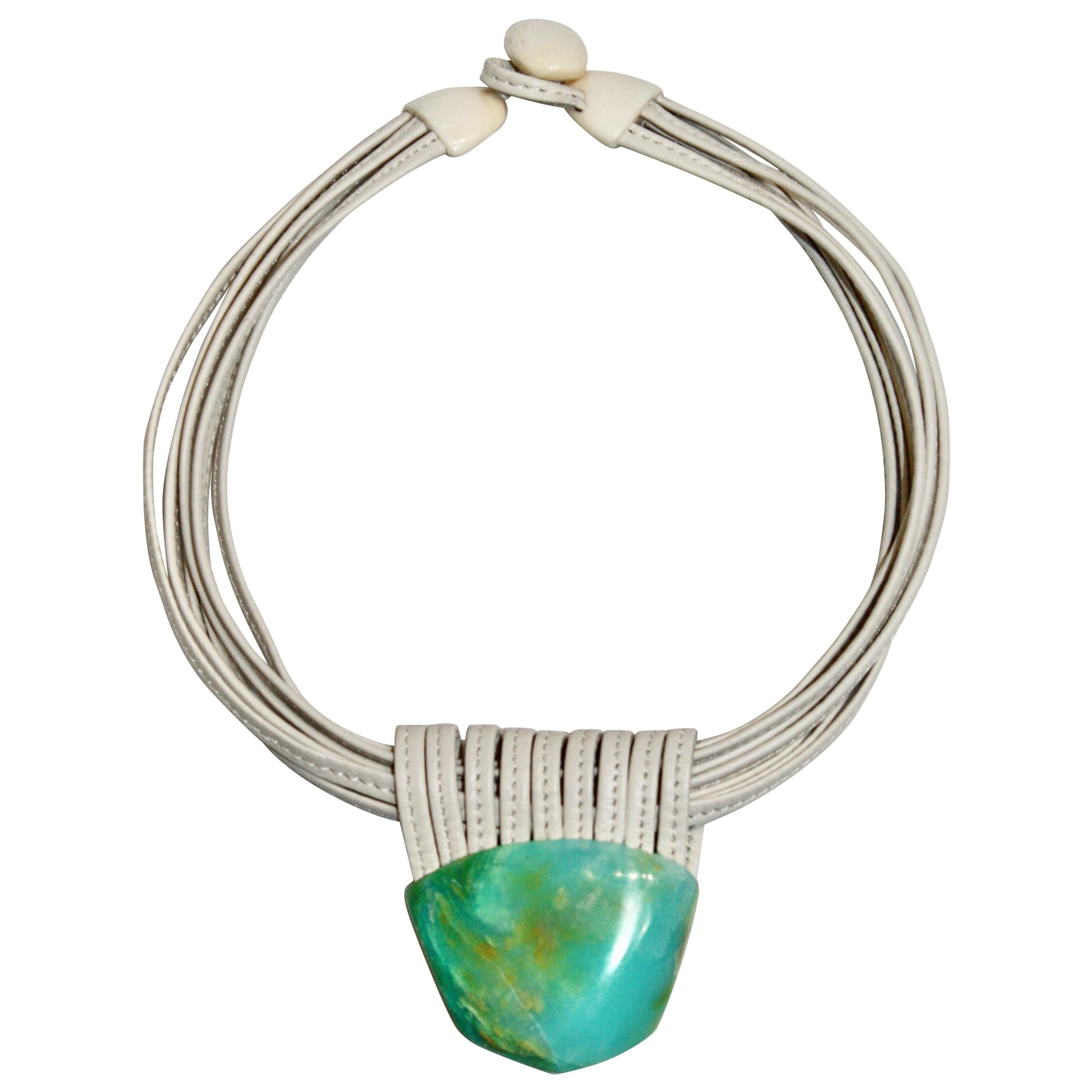 Monies Unique White Leather and Andean Opal Choker