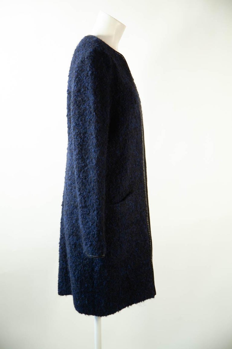 Monika Chiang navy wool and alpaca duster with 100% leather trim
