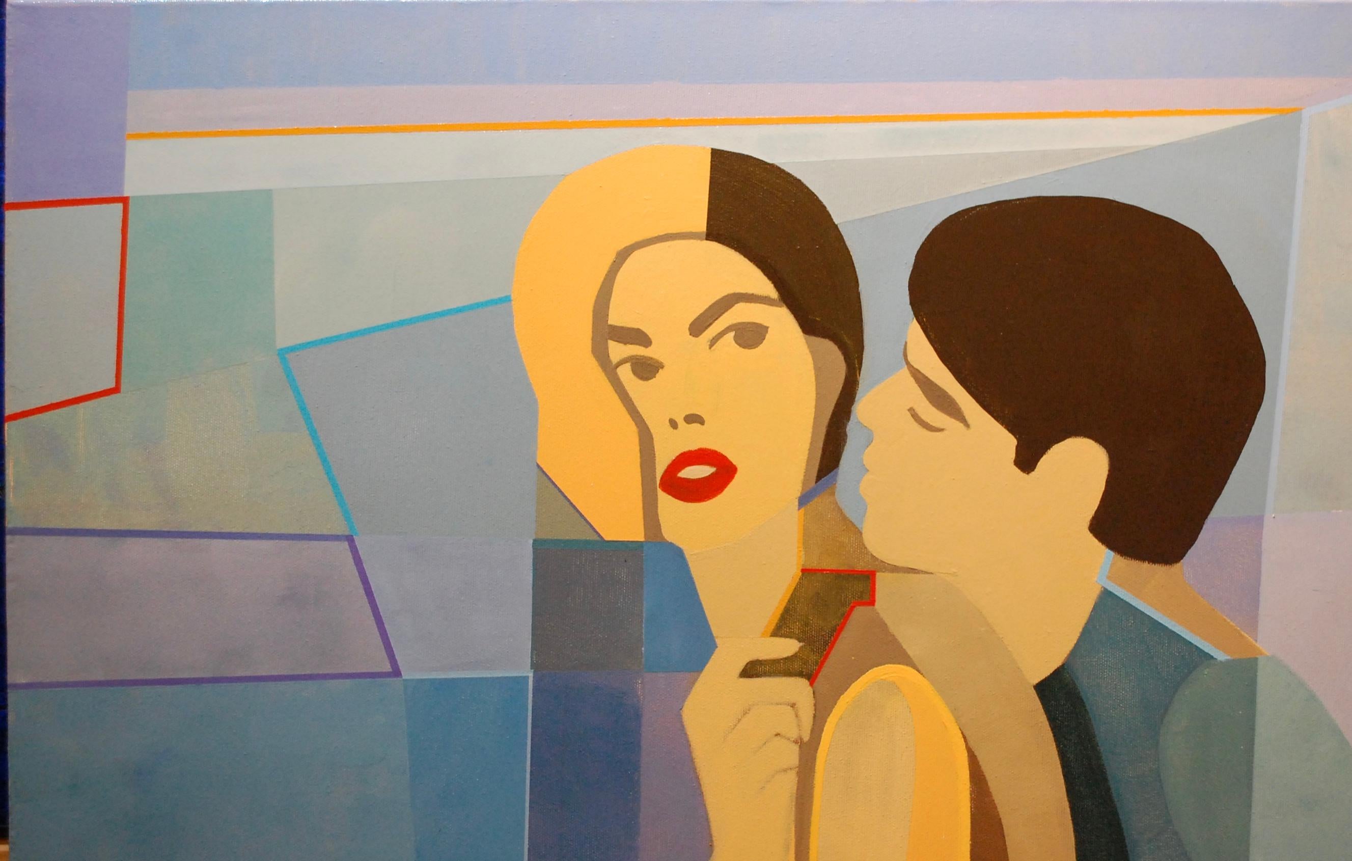 Ici, une rencontre avec une femme jetant dans des secrets - Bleu Figurative Painting par Monika Dalek