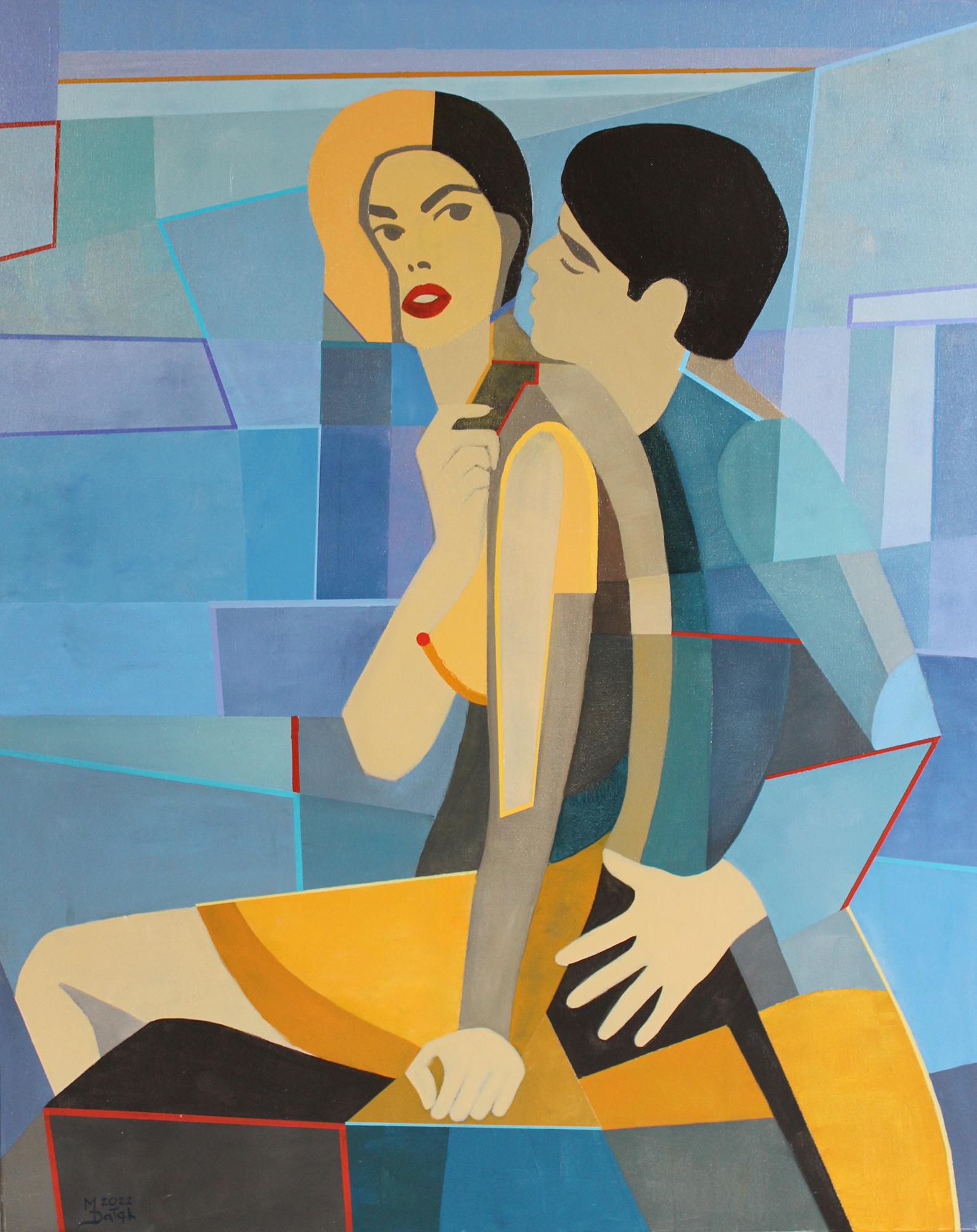 Figurative Painting Monika Dalek - Ici, une rencontre avec une femme jetant dans des secrets