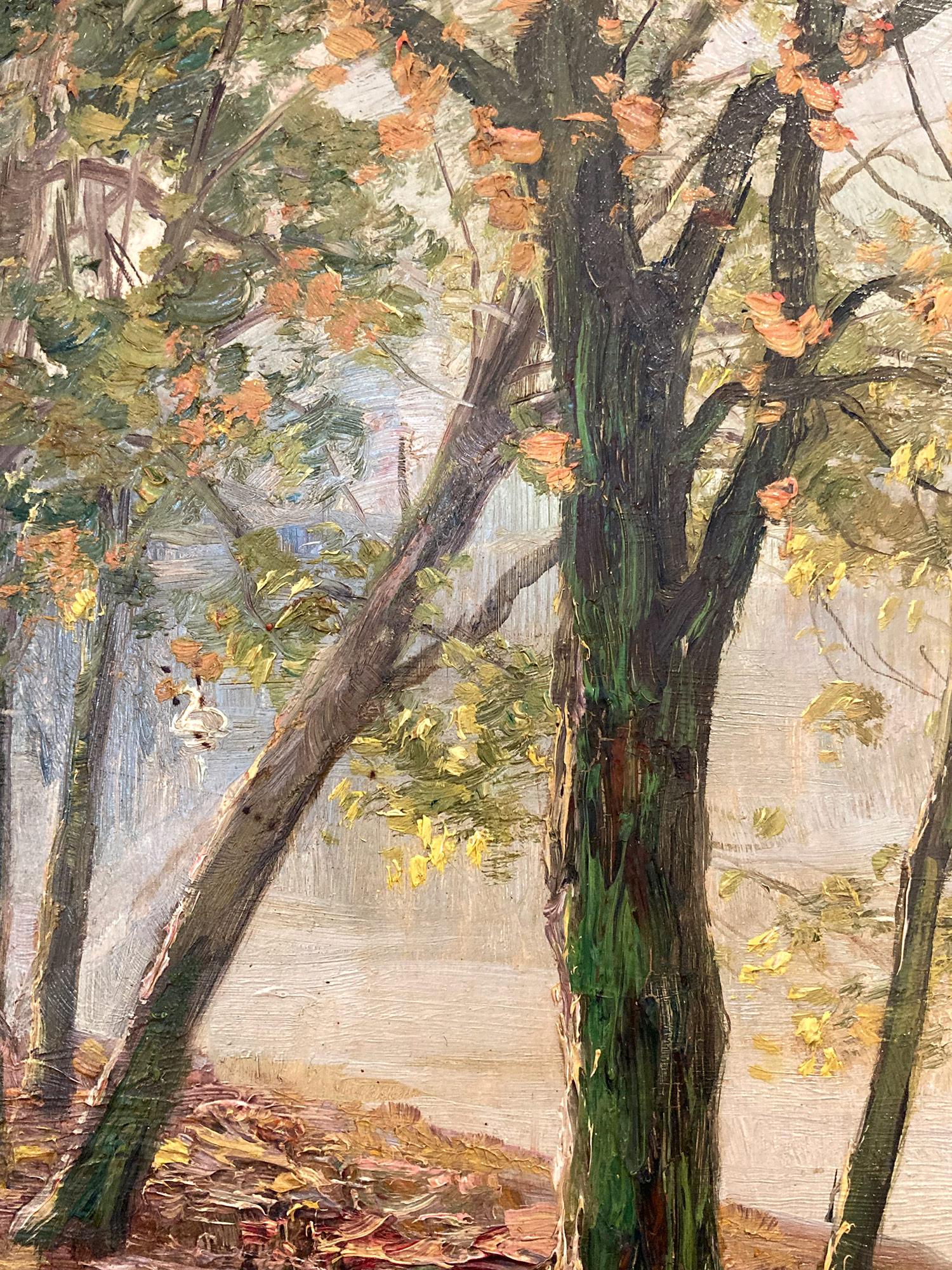 Uno stravagante dipinto a olio che raffigura una scena lacustre ambientata in autunno. Realizzato in stile impressionista, siamo attratti dalla profondità dei colori e dall'uso massiccio della pittura. Questa affascinante composizione ci ricorda i
