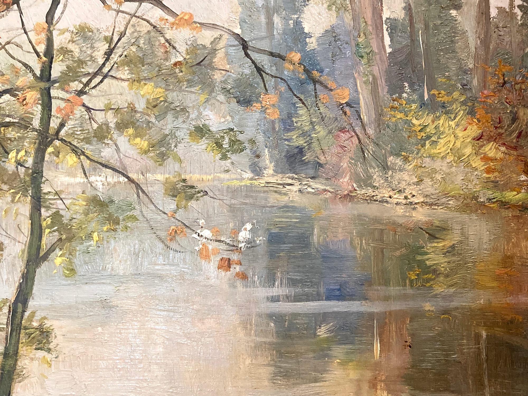 A whimsical oil painting depicting a lake scene set in autumn. Done in an impressionistic style, we are drawn to the depth of color and thick use of paint. This charming compositions reminds us of such great artists from the impressionist movement.