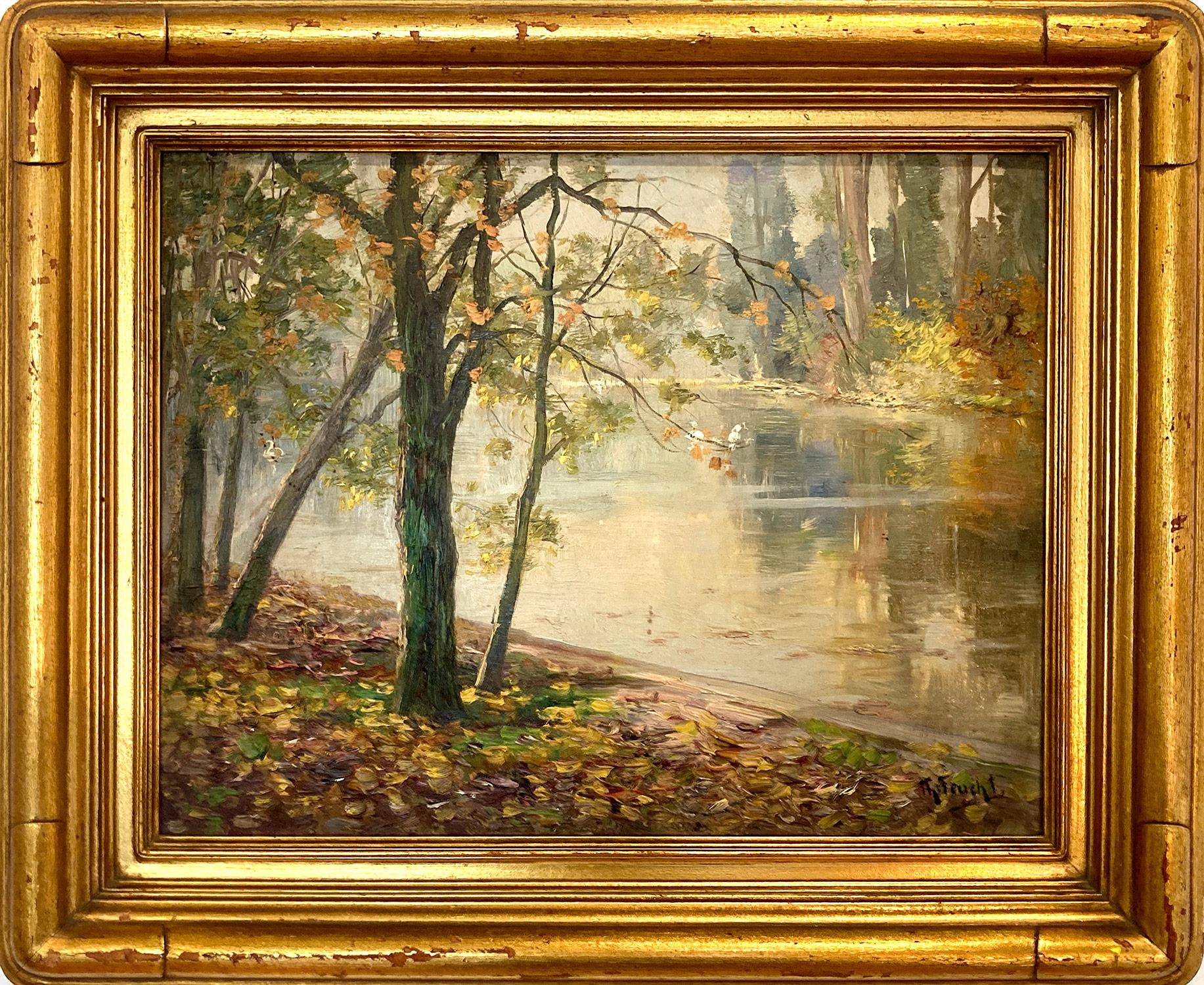 Monika Feucht Landscape Painting - "Autumn Lake Scene" Swiss Post War Impressionist Oil Painting Trees by the Water