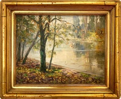 "Autumn Lake Scene" Swiss Post War Impressionist Oil Painting Trees by the Water