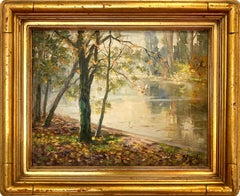 Antique "Autumn Lake Scene" Swiss Post War Impressionist Oil Painting Trees by the Water