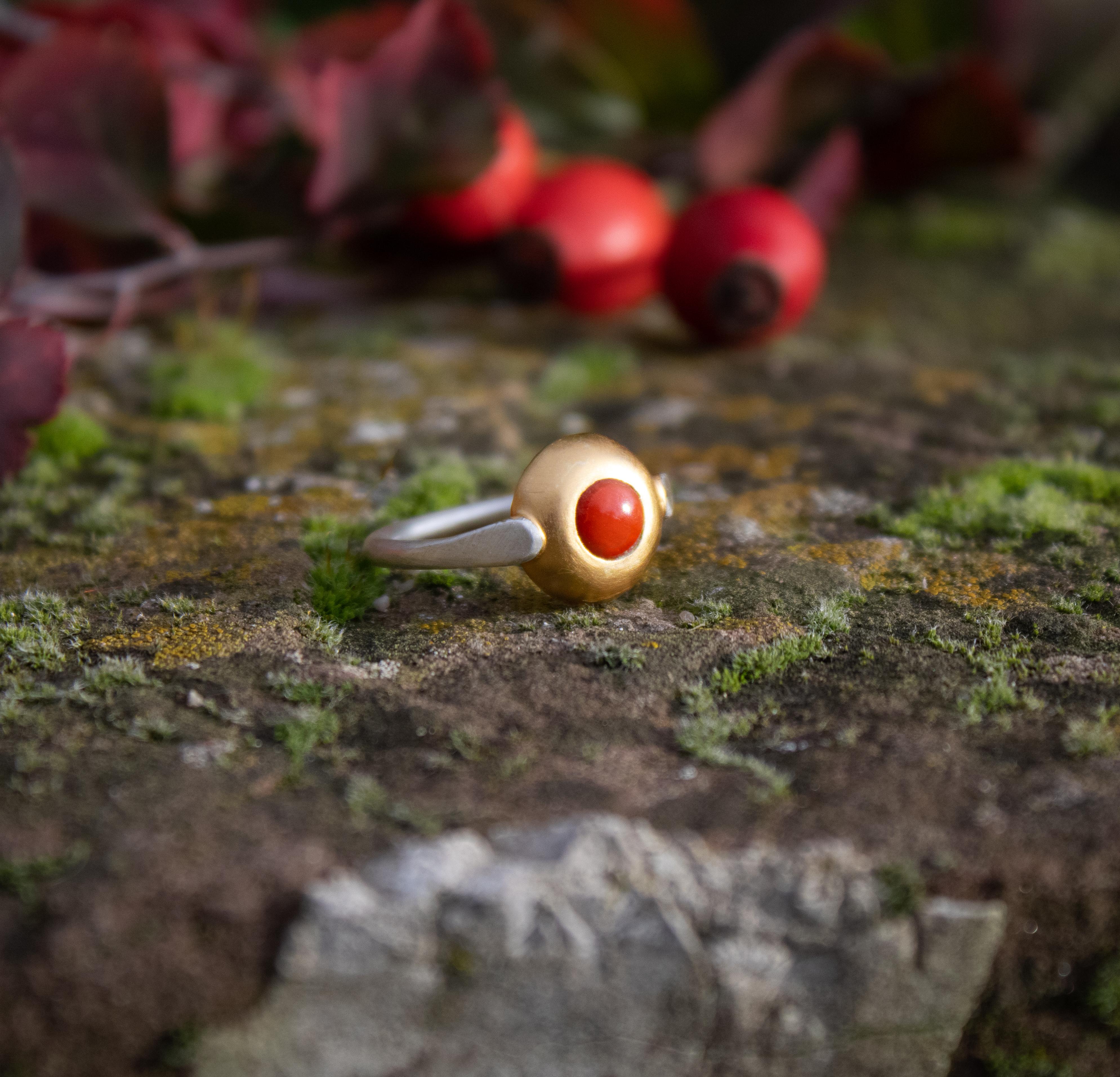 For Sale:  Monika Herré red Coral Ring Slim Sterling silver galvanic gold plating  4