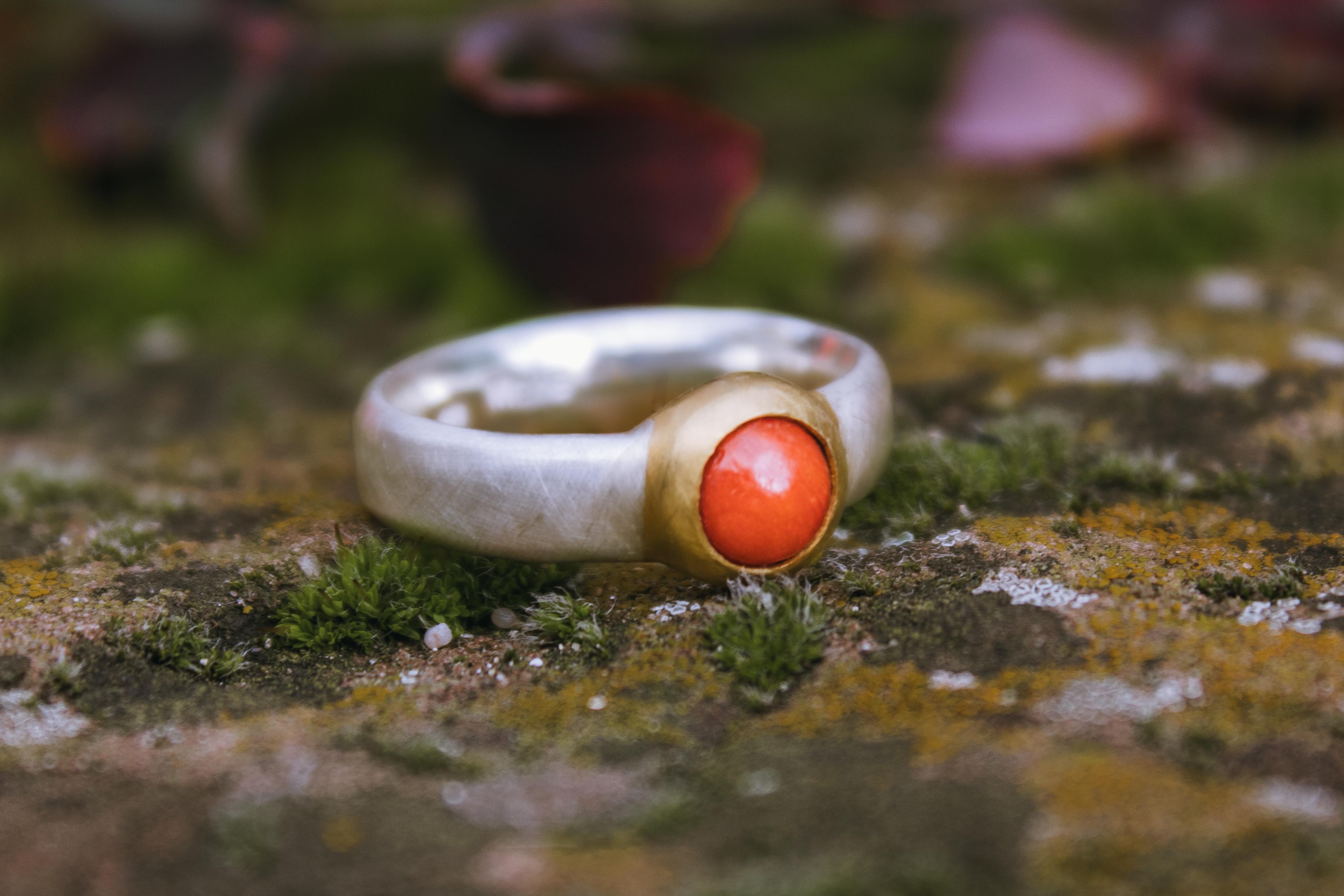 For Sale:  Monika Herré Wide Coral Ring Red Sterling Silver Galvanic Gold Plating 4