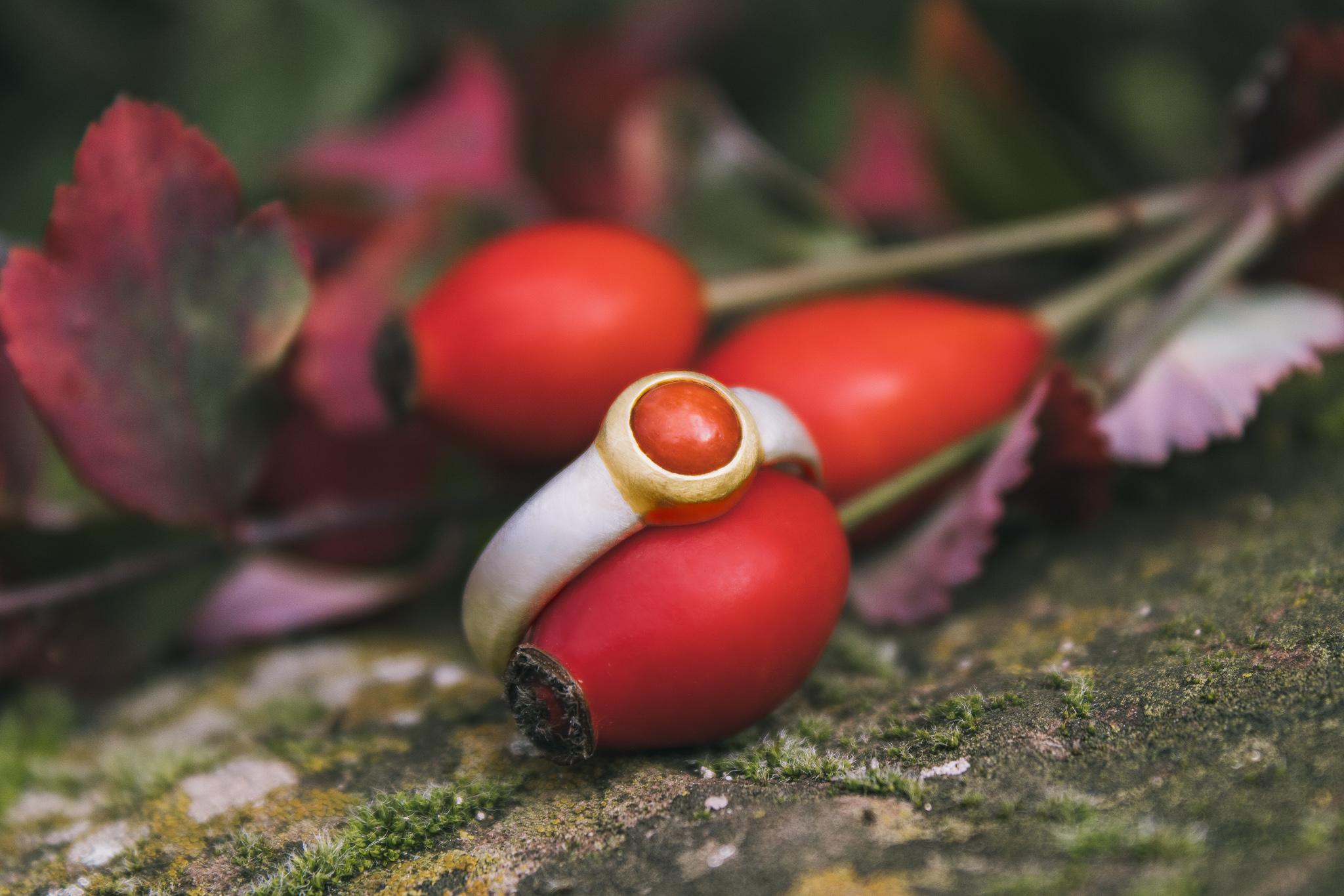 For Sale:  Monika Herré Wide Coral Ring Red Sterling Silver Galvanic Gold Plating 5