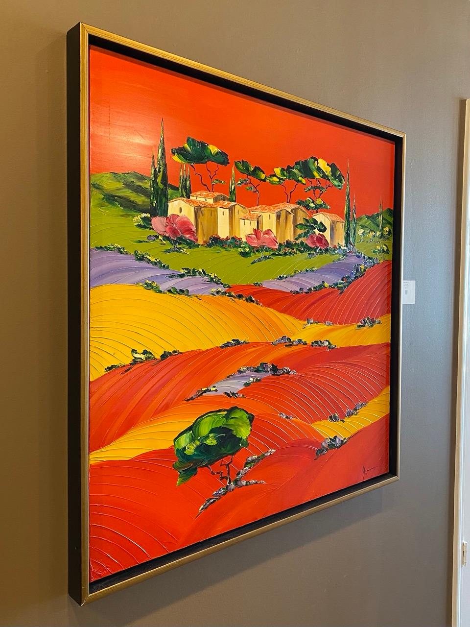 Monika Meunier's All in Red consists of oil on canvas, is sized at 39 x 39 inches, and is priced at $7,150.

Meunier's works present collectors with idealized versions of the beautiful region which surrounds her studio. Towering amid cypress and